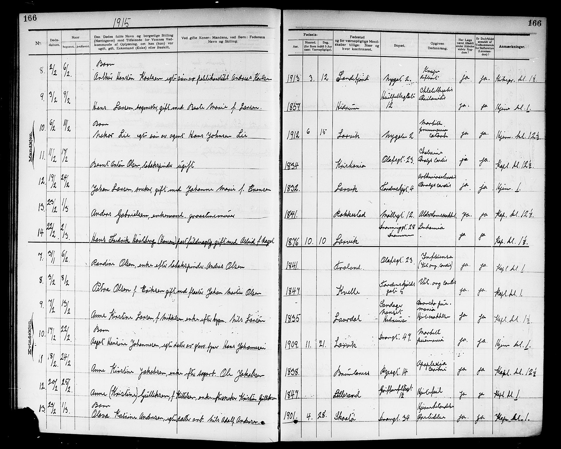Larvik kirkebøker, SAKO/A-352/G/Ga/L0007: Parish register (copy) no. I 7, 1888-1918, p. 166