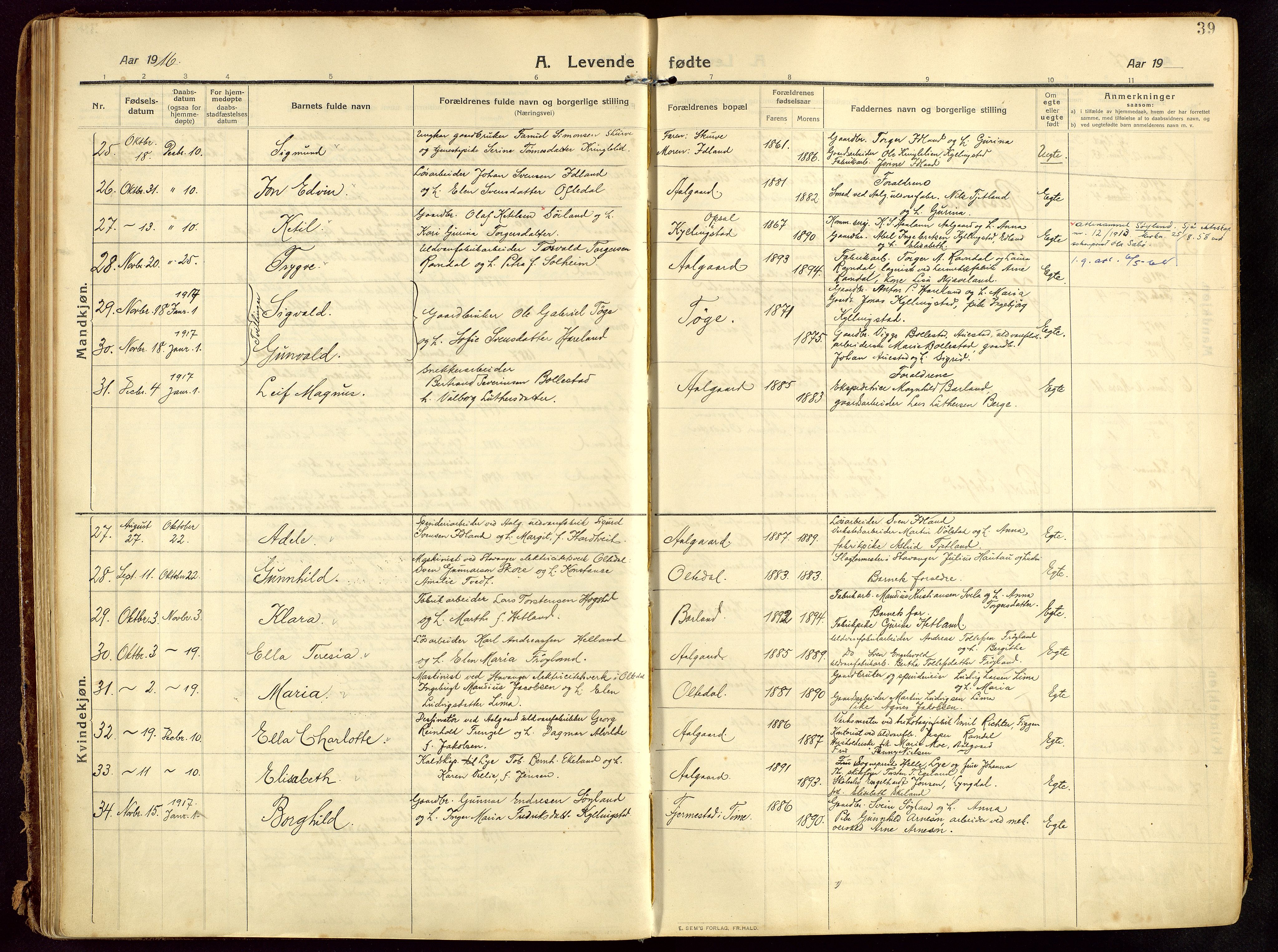 Lye sokneprestkontor, AV/SAST-A-101794/002/B/L0001: Parish register (official) no. A 13, 1910-1925, p. 39