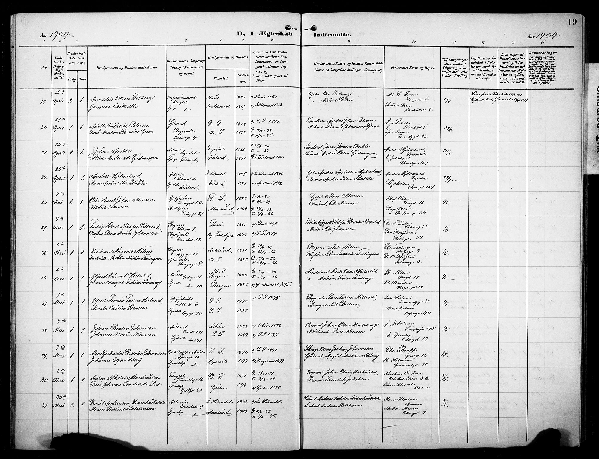 Sandviken Sokneprestembete, AV/SAB-A-77601/H/Hb/L0014: Parish register (copy) no. D 1, 1902-1929, p. 19