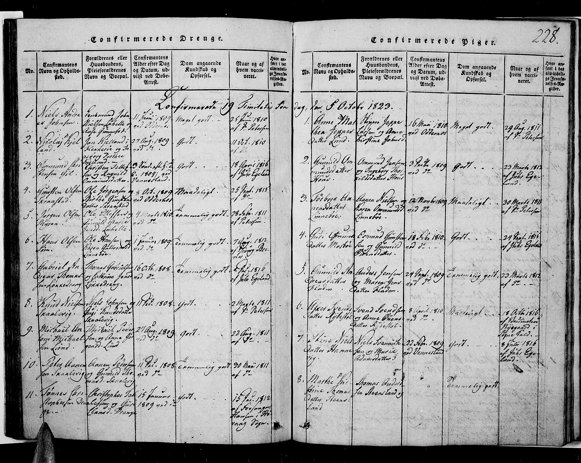 Oddernes sokneprestkontor, SAK/1111-0033/F/Fb/Fba/L0003: Parish register (copy) no. B 3, 1820-1838, p. 228