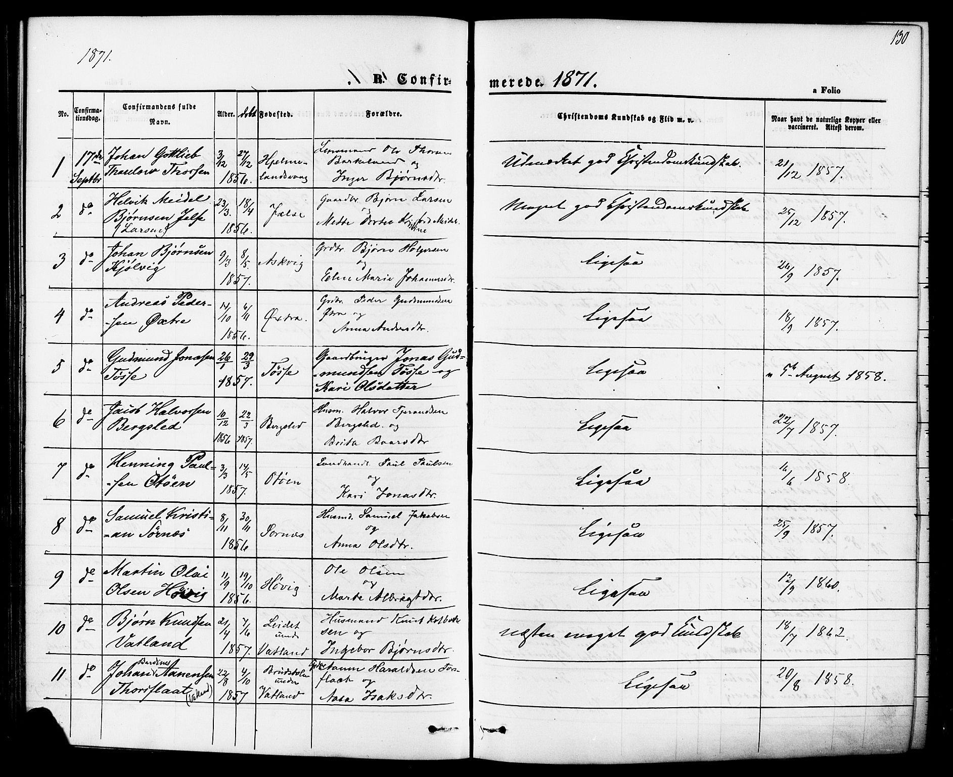 Jelsa sokneprestkontor, SAST/A-101842/01/IV: Parish register (official) no. A 8, 1867-1883, p. 130