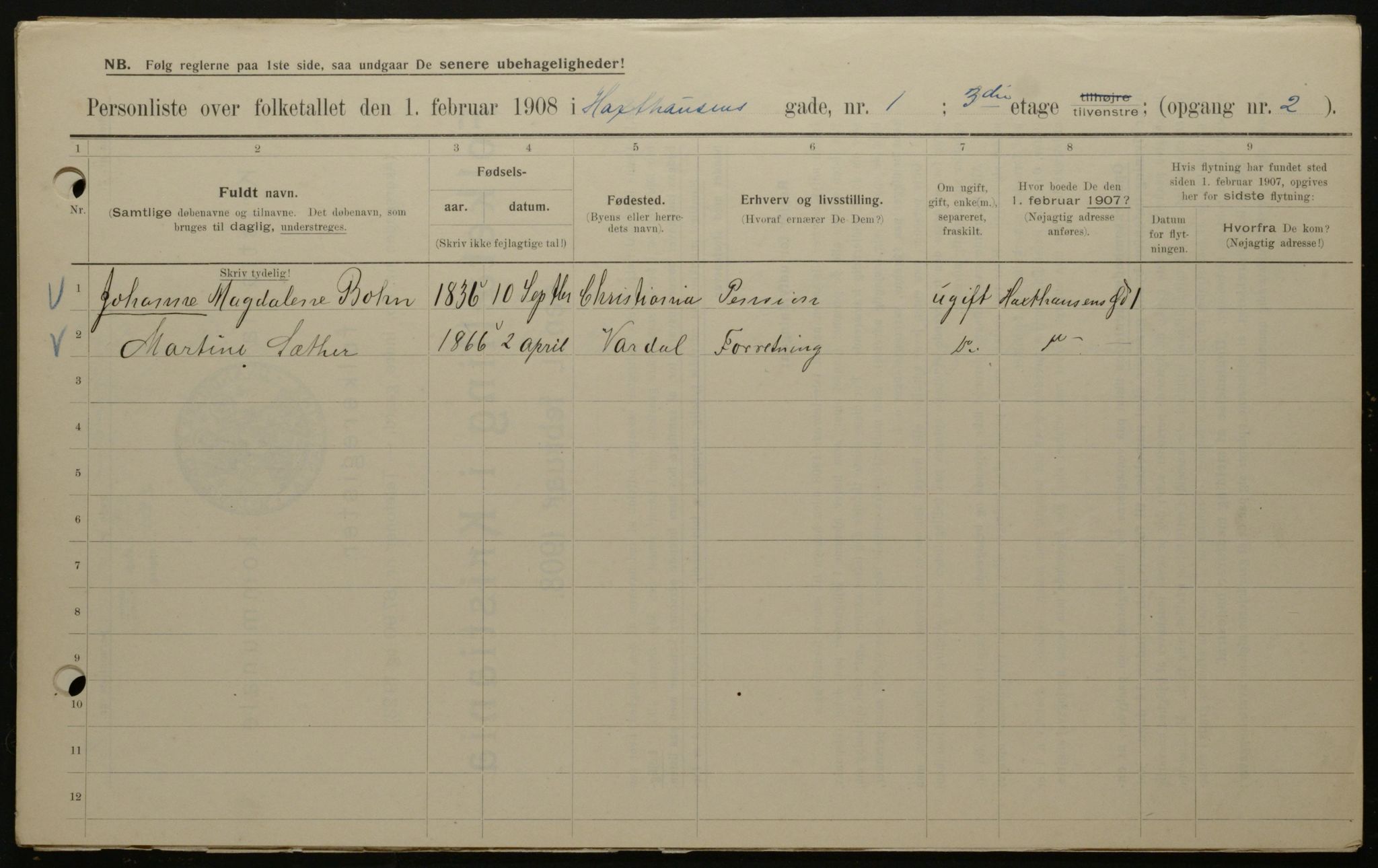 OBA, Municipal Census 1908 for Kristiania, 1908, p. 32010