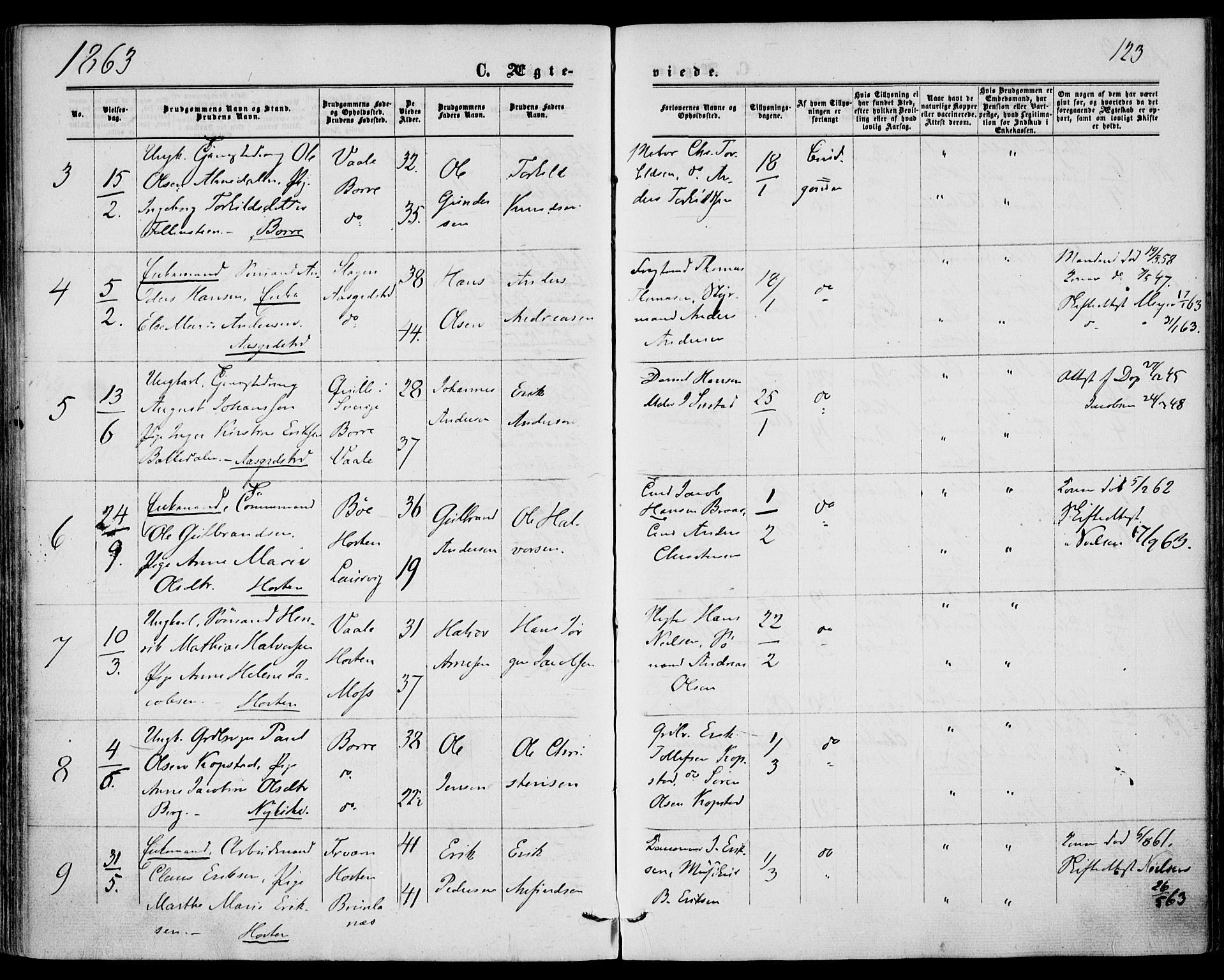 Borre kirkebøker, AV/SAKO-A-338/F/Fa/L0007: Parish register (official) no. I 7, 1862-1867, p. 123