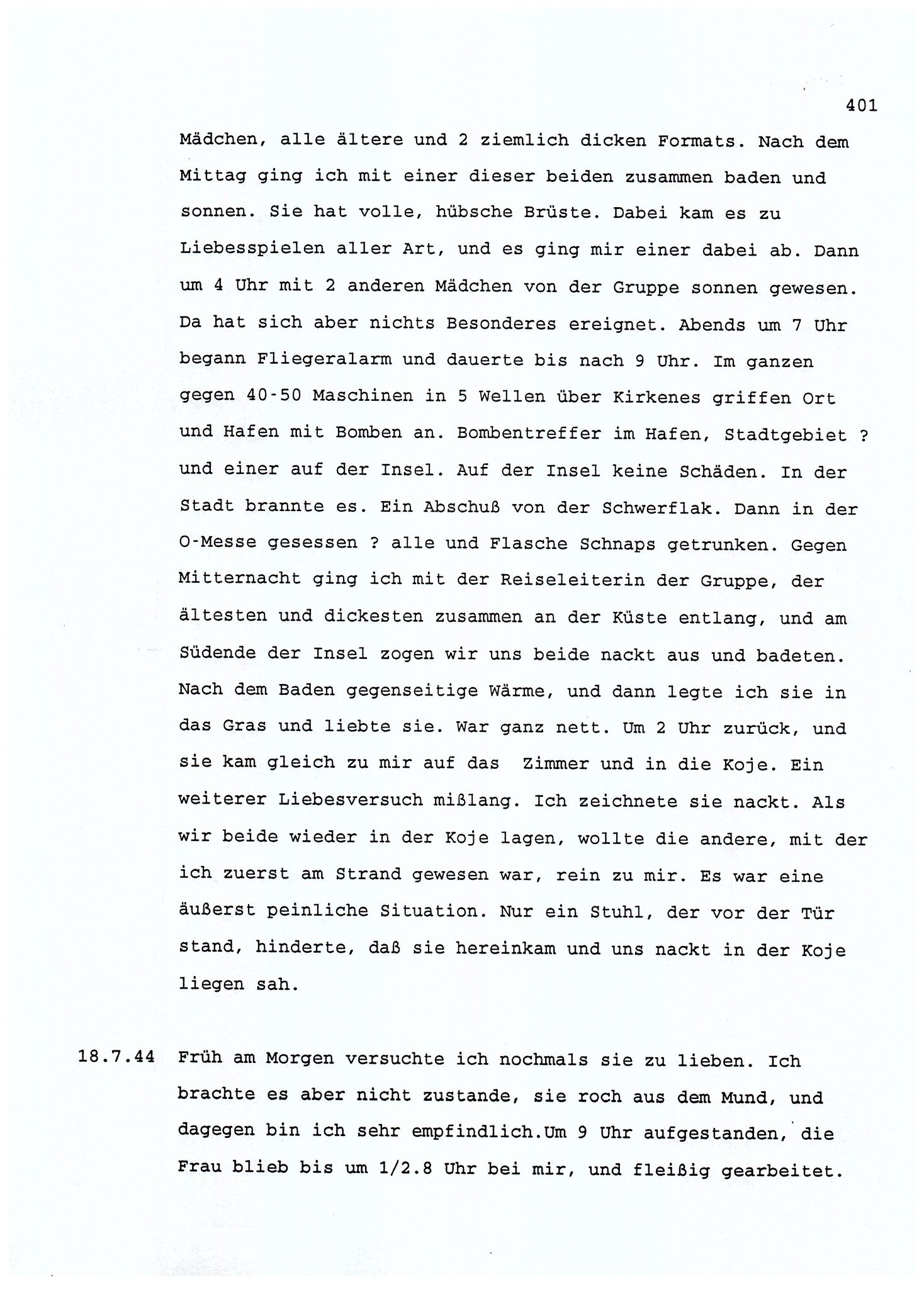 Dagbokopptegnelser av en tysk marineoffiser stasjonert i Norge , FMFB/A-1160/F/L0001: Dagbokopptegnelser av en tysk marineoffiser stasjonert i Norge, 1941-1944, p. 401