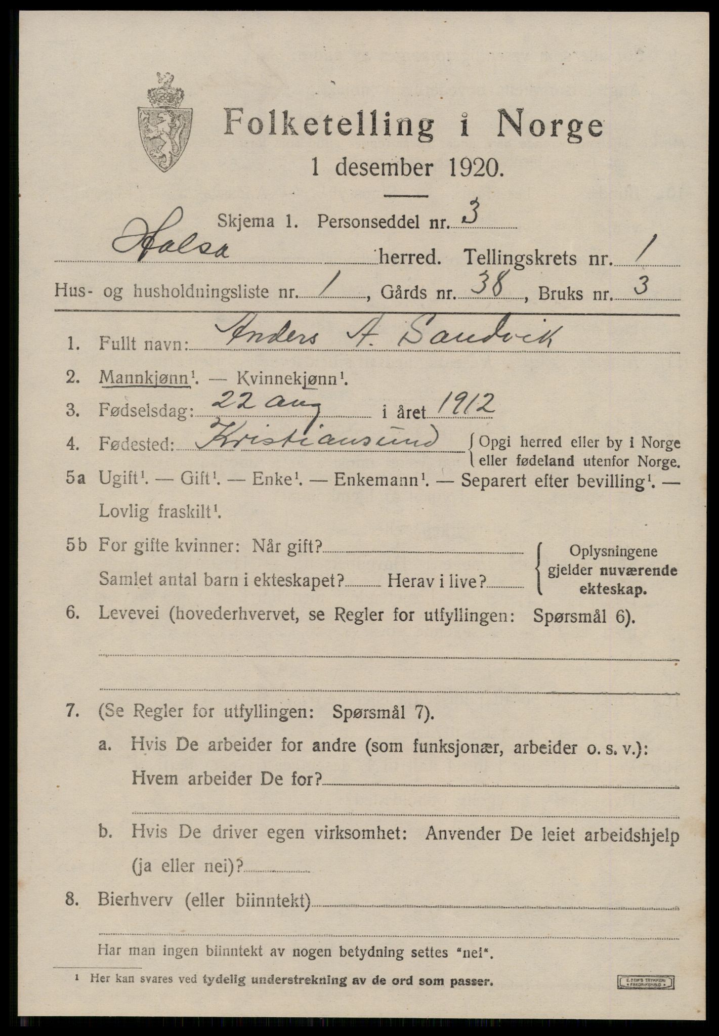 SAT, 1920 census for Halsa, 1920, p. 446