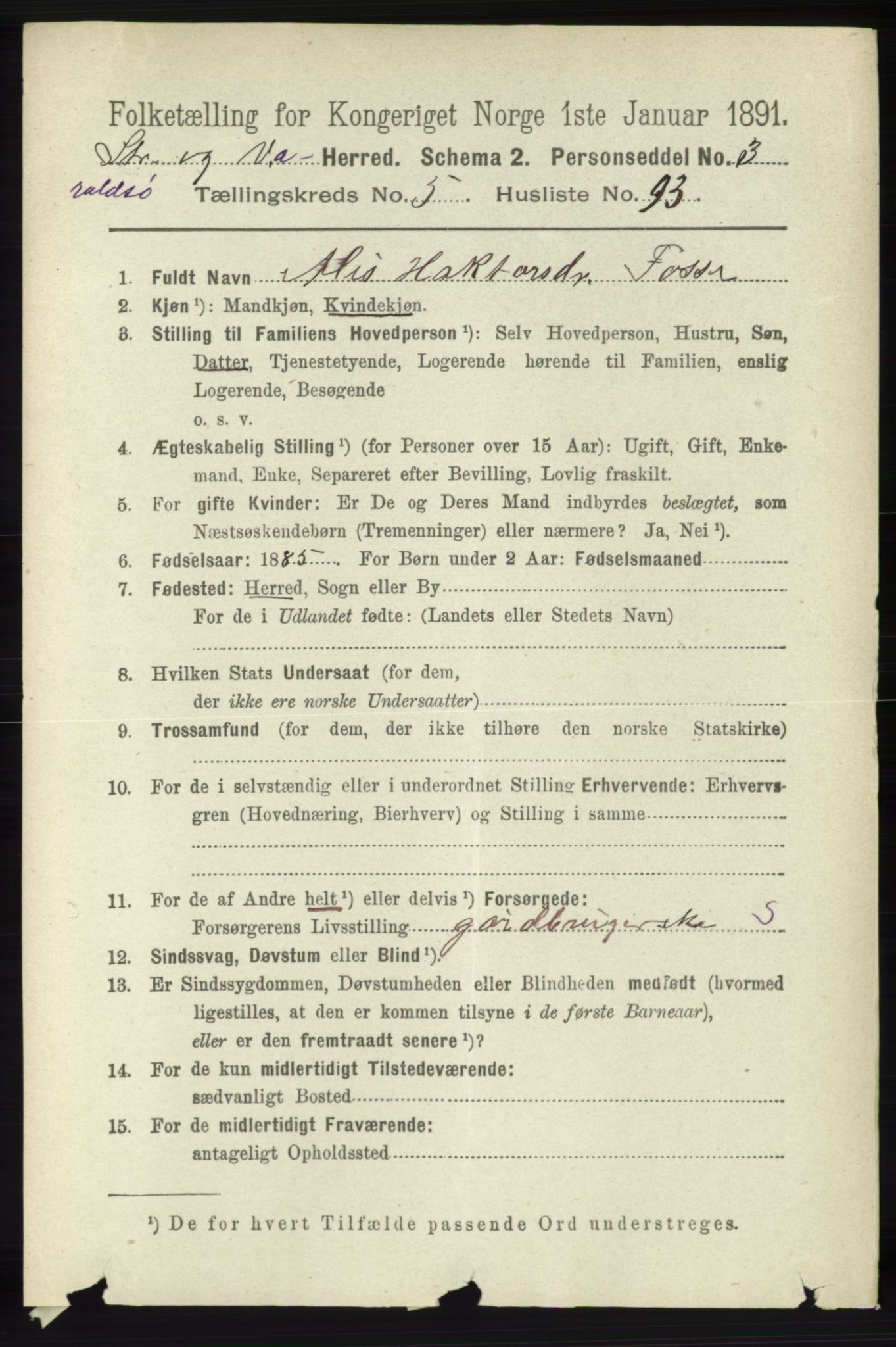 RA, 1891 census for 1226 Strandebarm og Varaldsøy, 1891, p. 2399