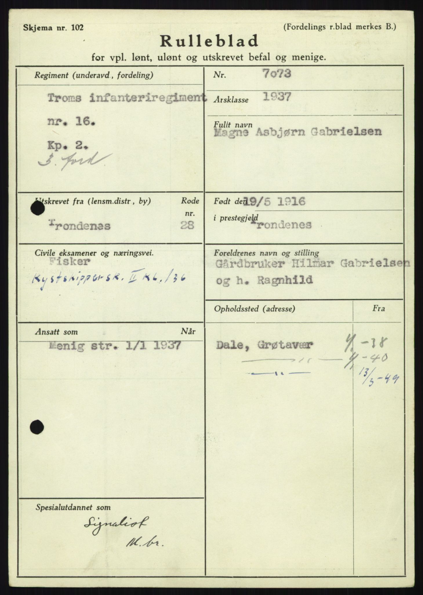 Forsvaret, Troms infanteriregiment nr. 16, AV/RA-RAFA-3146/P/Pa/L0021: Rulleblad for regimentets menige mannskaper, årsklasse 1937, 1937, p. 199