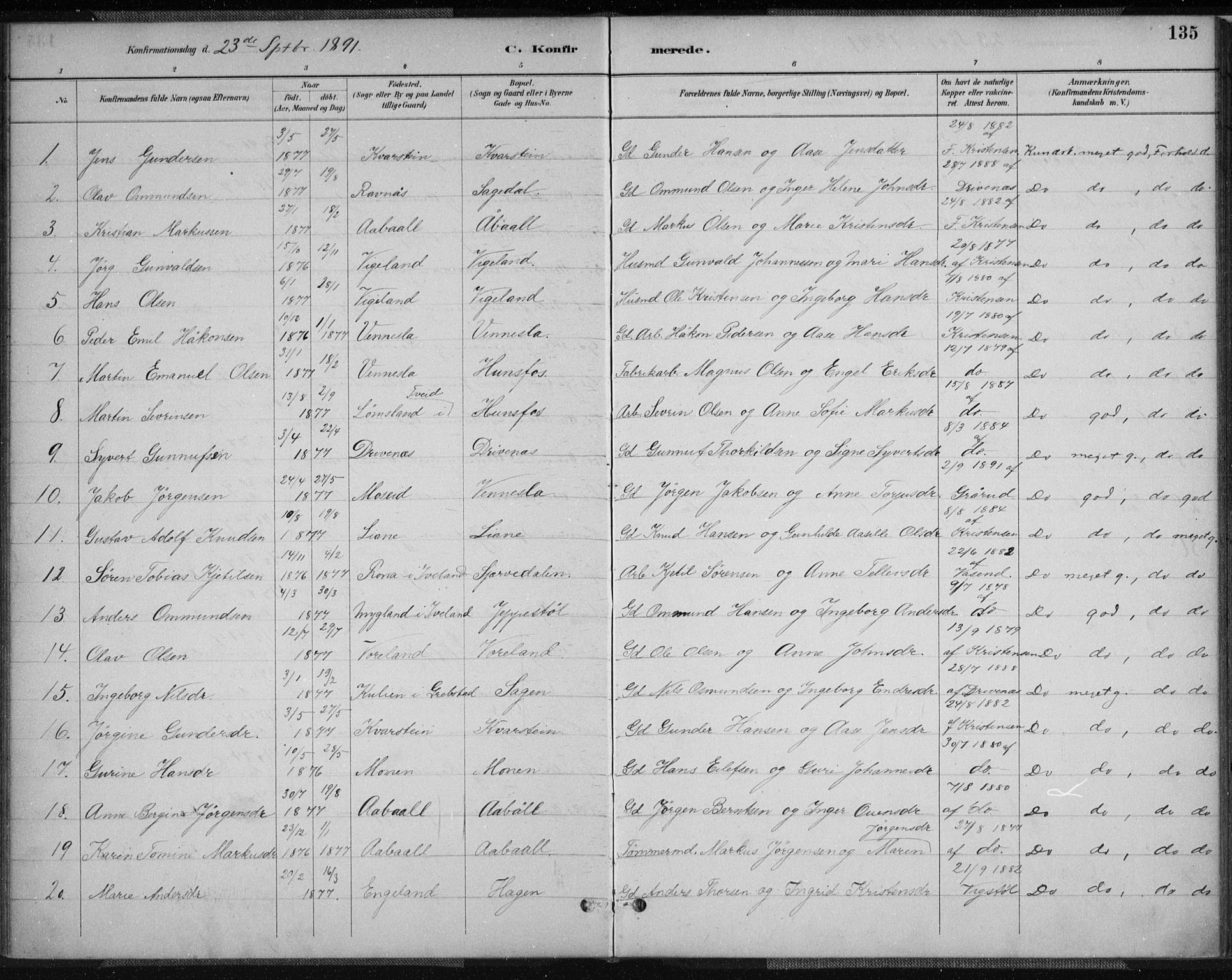 Vennesla sokneprestkontor, AV/SAK-1111-0045/Fa/Fab/L0004: Parish register (official) no. A 4, 1884-1896, p. 135