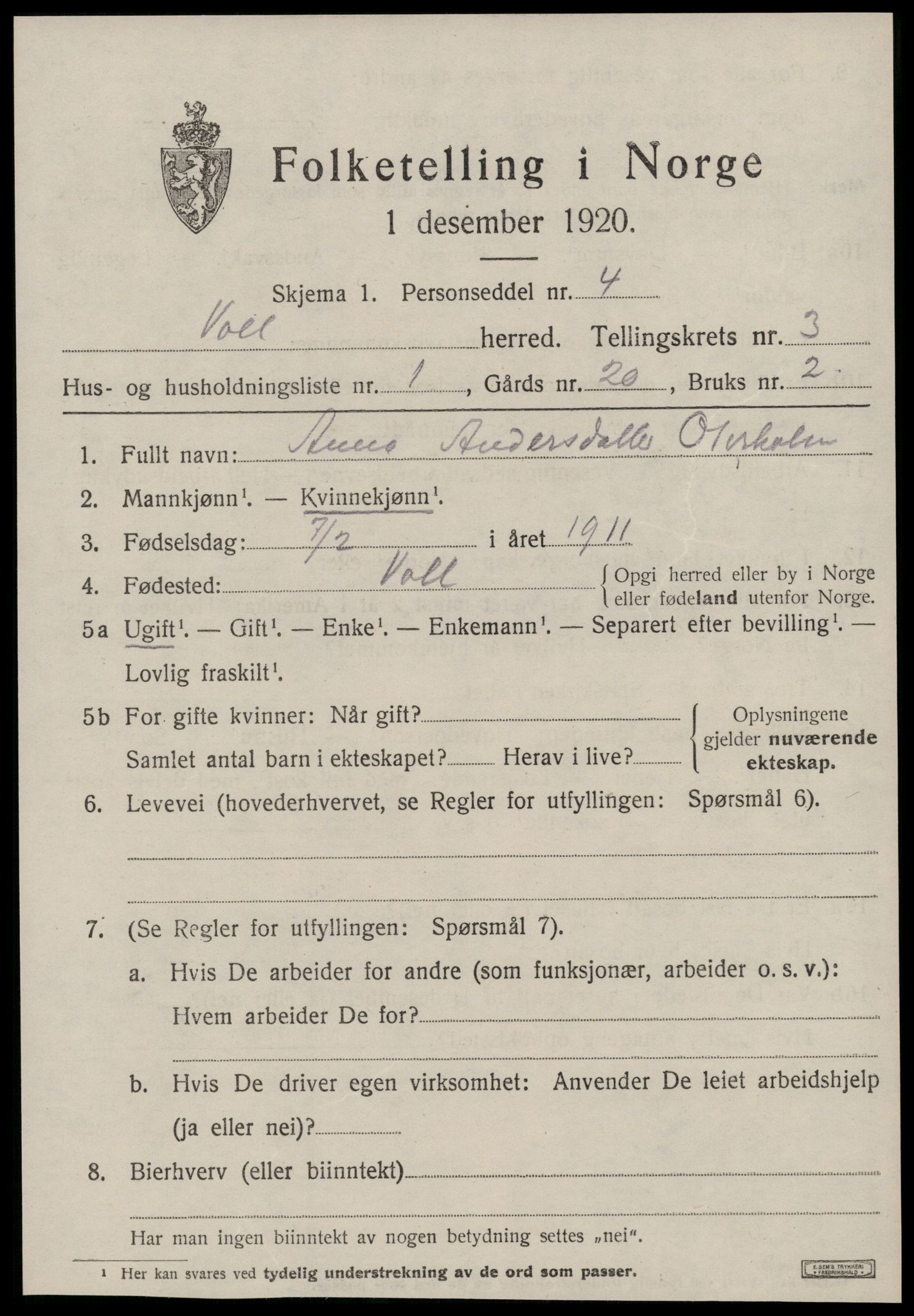 SAT, 1920 census for Voll, 1920, p. 1179