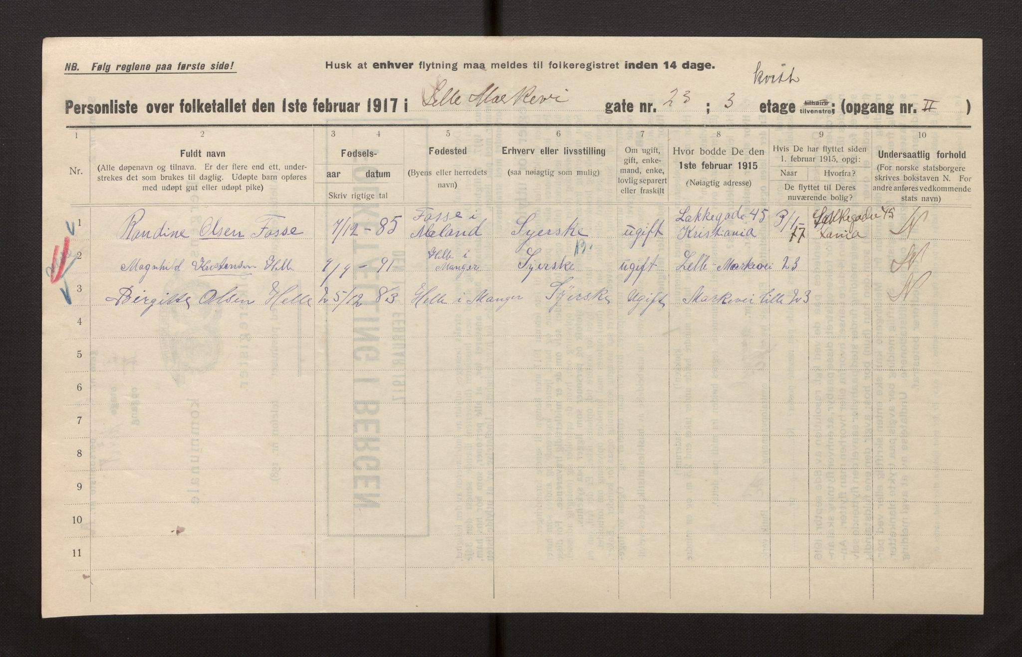 SAB, Municipal Census 1917 for Bergen, 1917, p. 23156