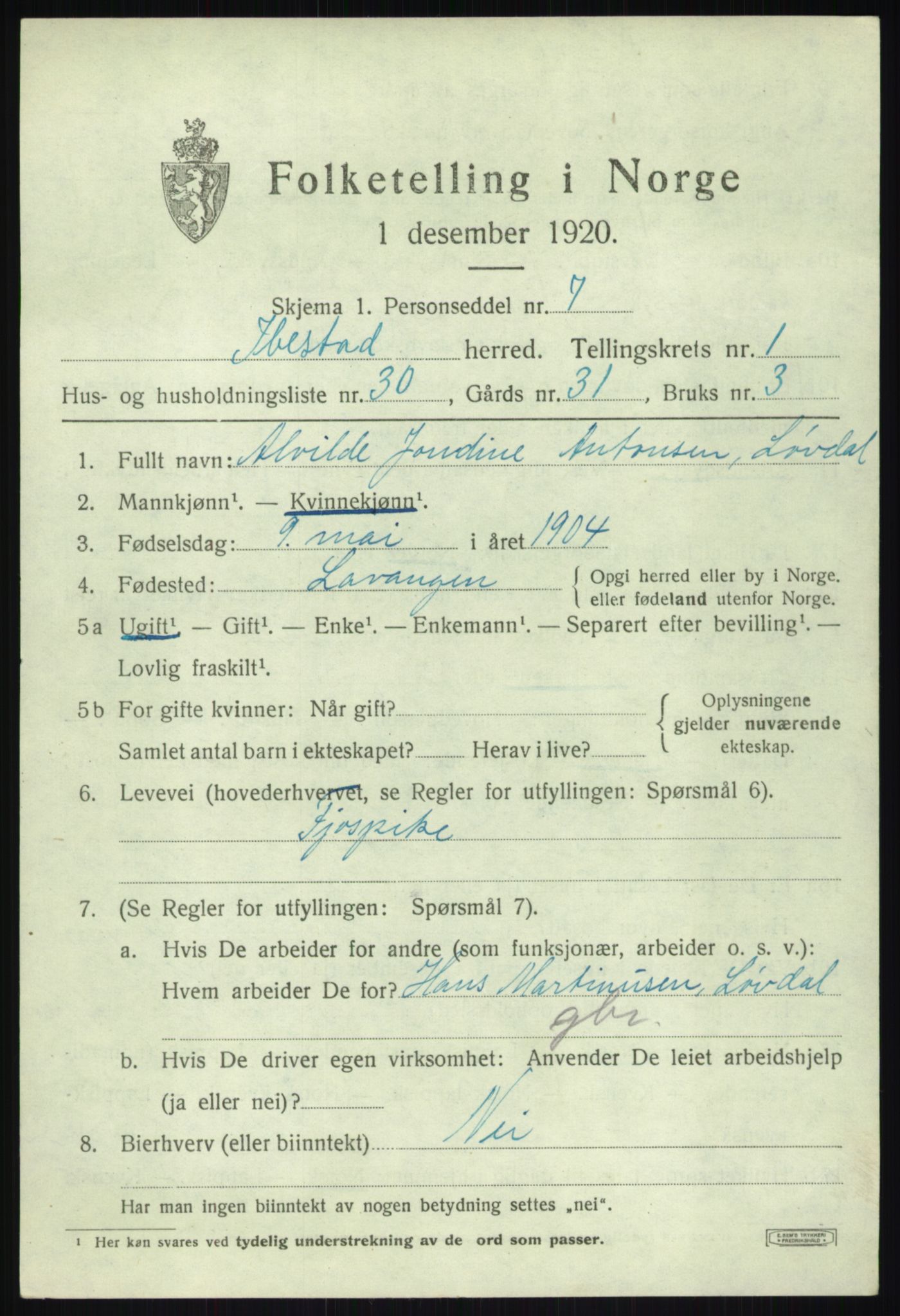 SATØ, 1920 census for Ibestad, 1920, p. 2375