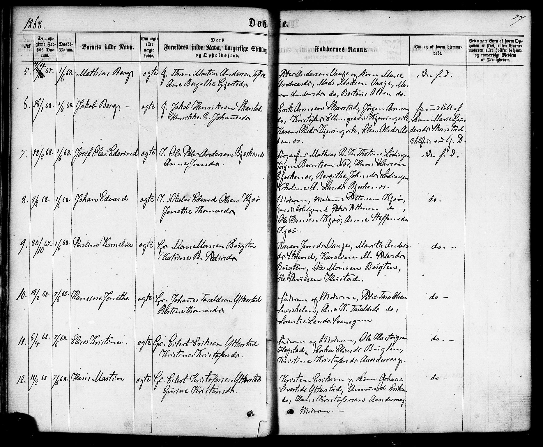 Ministerialprotokoller, klokkerbøker og fødselsregistre - Nordland, AV/SAT-A-1459/872/L1034: Parish register (official) no. 872A09, 1864-1884, p. 27