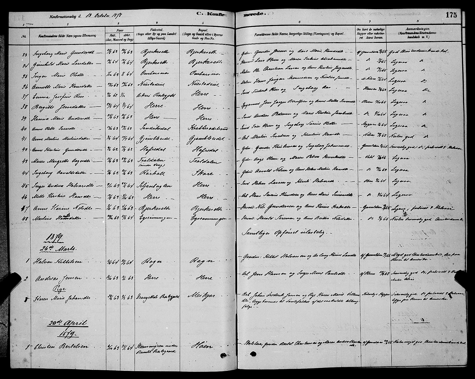 Bamble kirkebøker, AV/SAKO-A-253/G/Ga/L0008: Parish register (copy) no. I 8, 1878-1888, p. 175