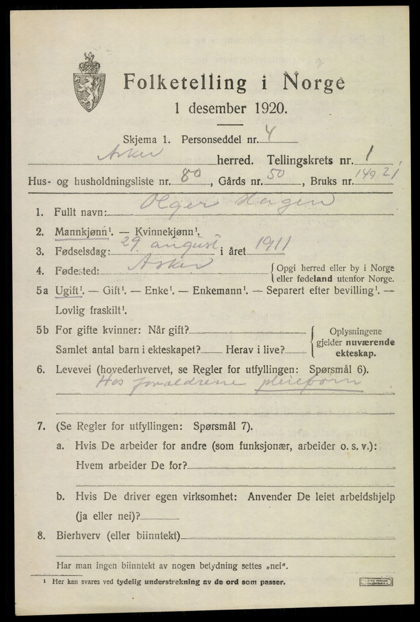 SAO, 1920 census for Asker, 1920, p. 3518