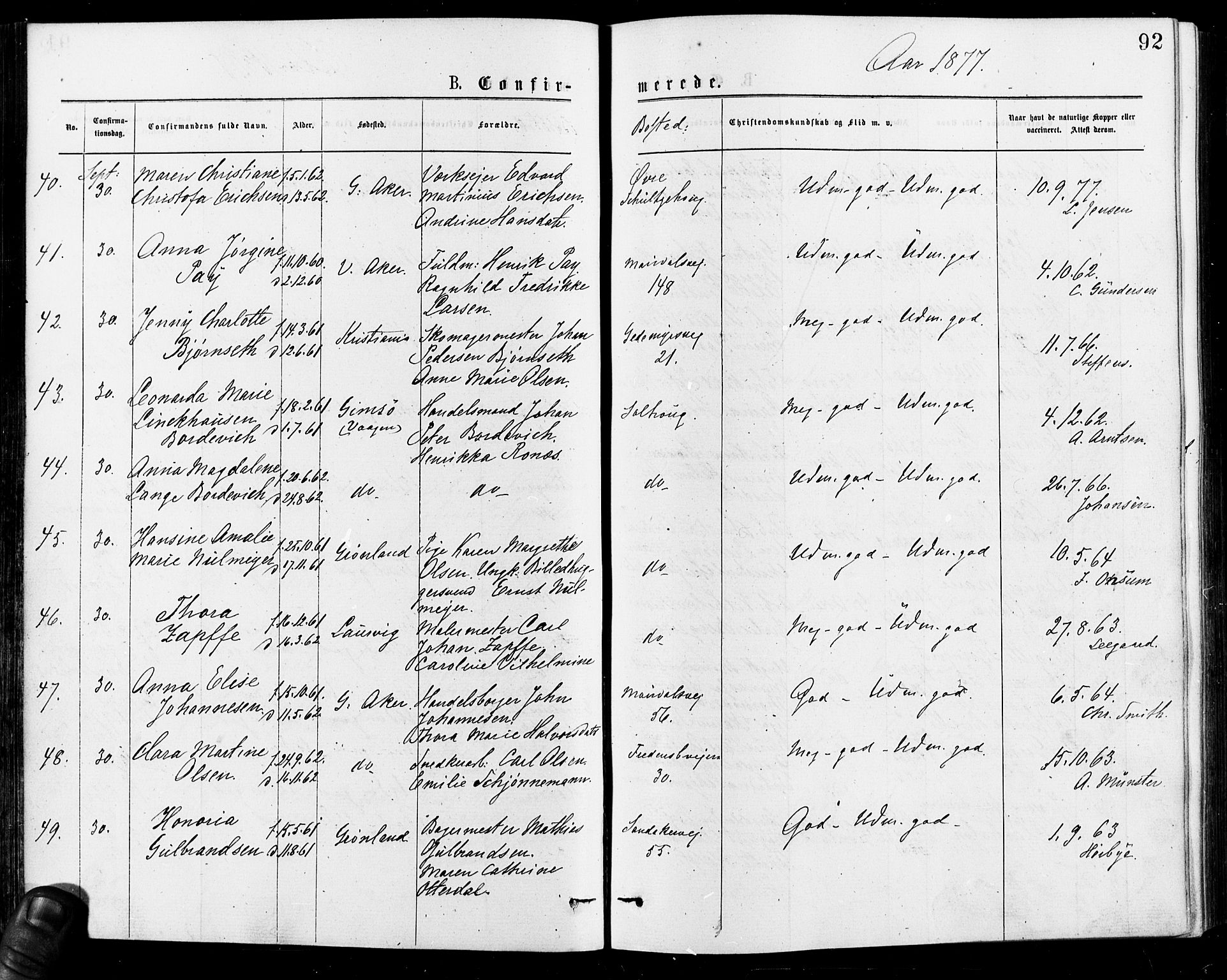 Gamle Aker prestekontor Kirkebøker, SAO/A-10617a/F/L0005: Parish register (official) no. 5, 1873-1881, p. 92