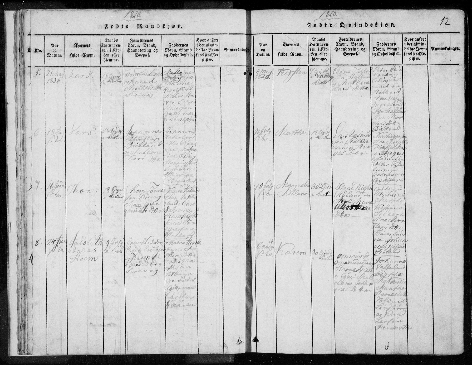 Eigersund sokneprestkontor, AV/SAST-A-101807/S08/L0008: Parish register (official) no. A 8, 1816-1847, p. 12