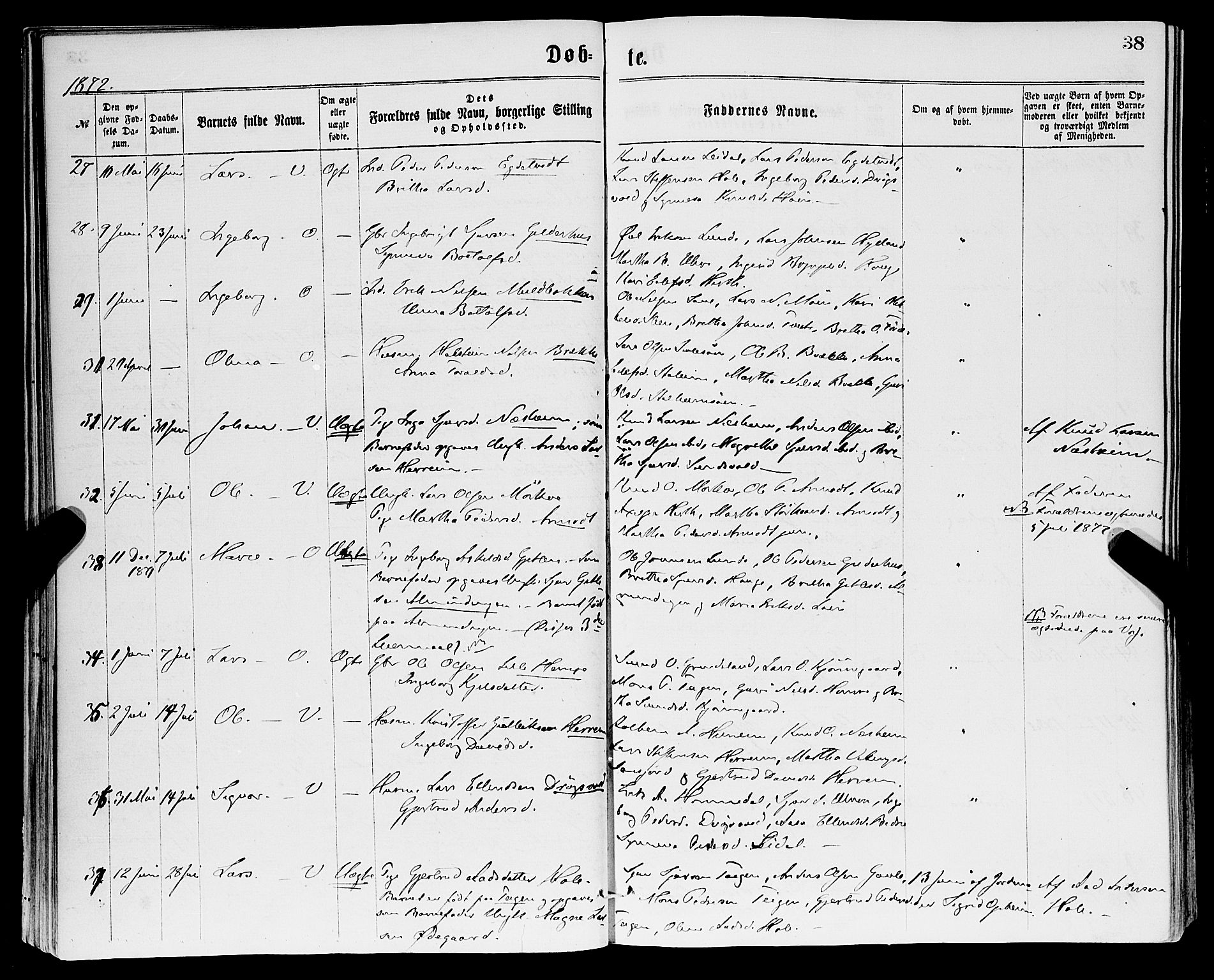 Vossestrand Sokneprestembete, AV/SAB-A-79101/H/Haa: Parish register (official) no. A 1, 1866-1877, p. 38