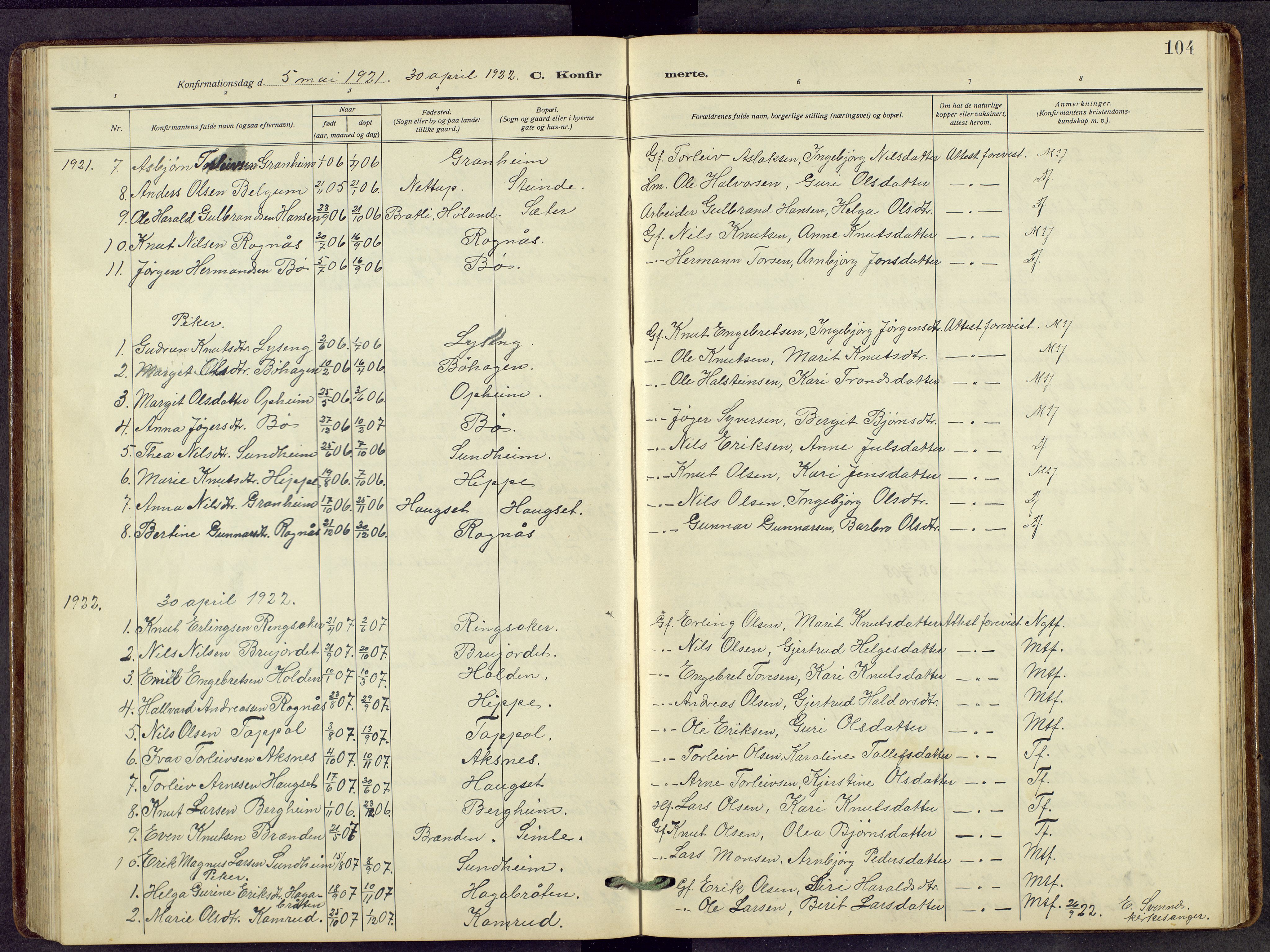 Nord-Aurdal prestekontor, SAH/PREST-132/H/Ha/Hab/L0014: Parish register (copy) no. 14, 1917-1953, p. 104