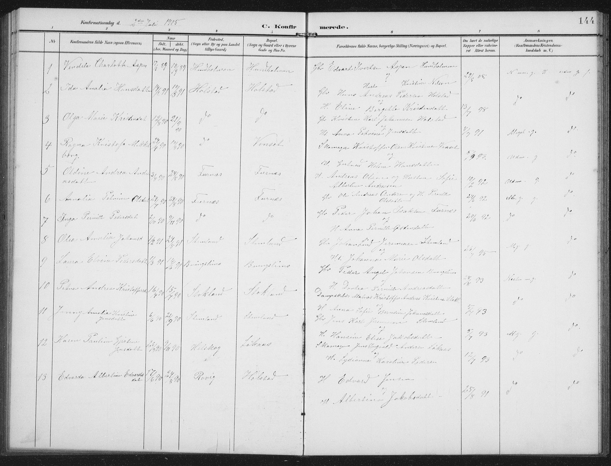 Ministerialprotokoller, klokkerbøker og fødselsregistre - Nordland, AV/SAT-A-1459/851/L0726: Parish register (copy) no. 851C01, 1902-1924, p. 144