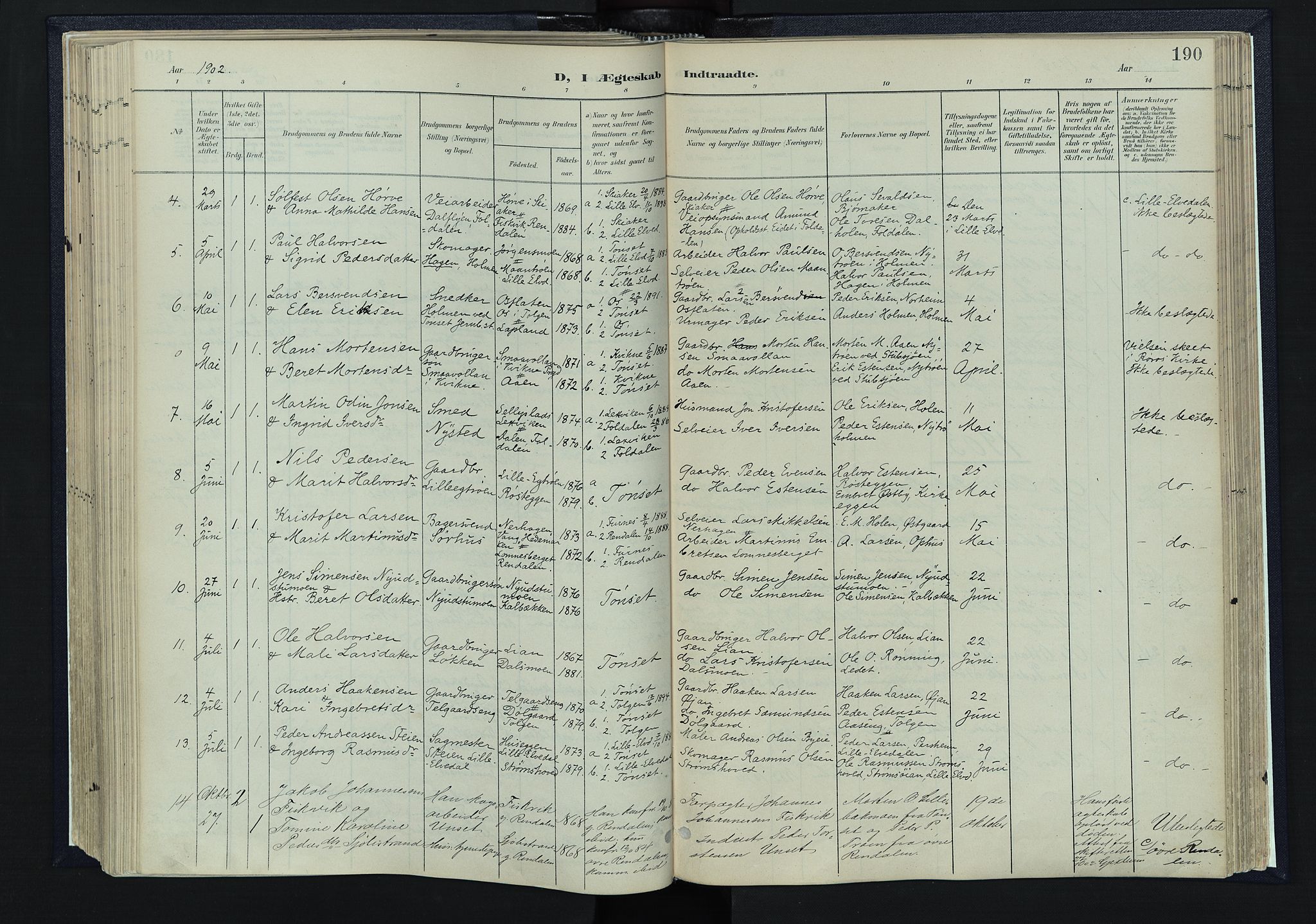 Tynset prestekontor, AV/SAH-PREST-058/H/Ha/Haa/L0025: Parish register (official) no. 25, 1900-1914, p. 190