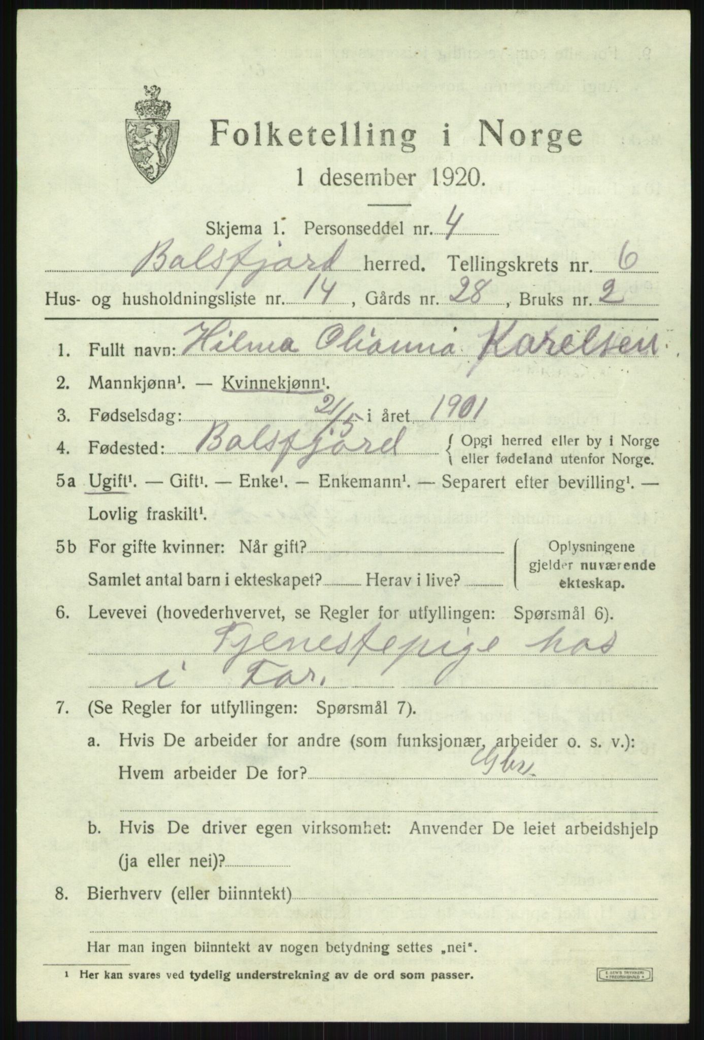 SATØ, 1920 census for Balsfjord, 1920, p. 3874