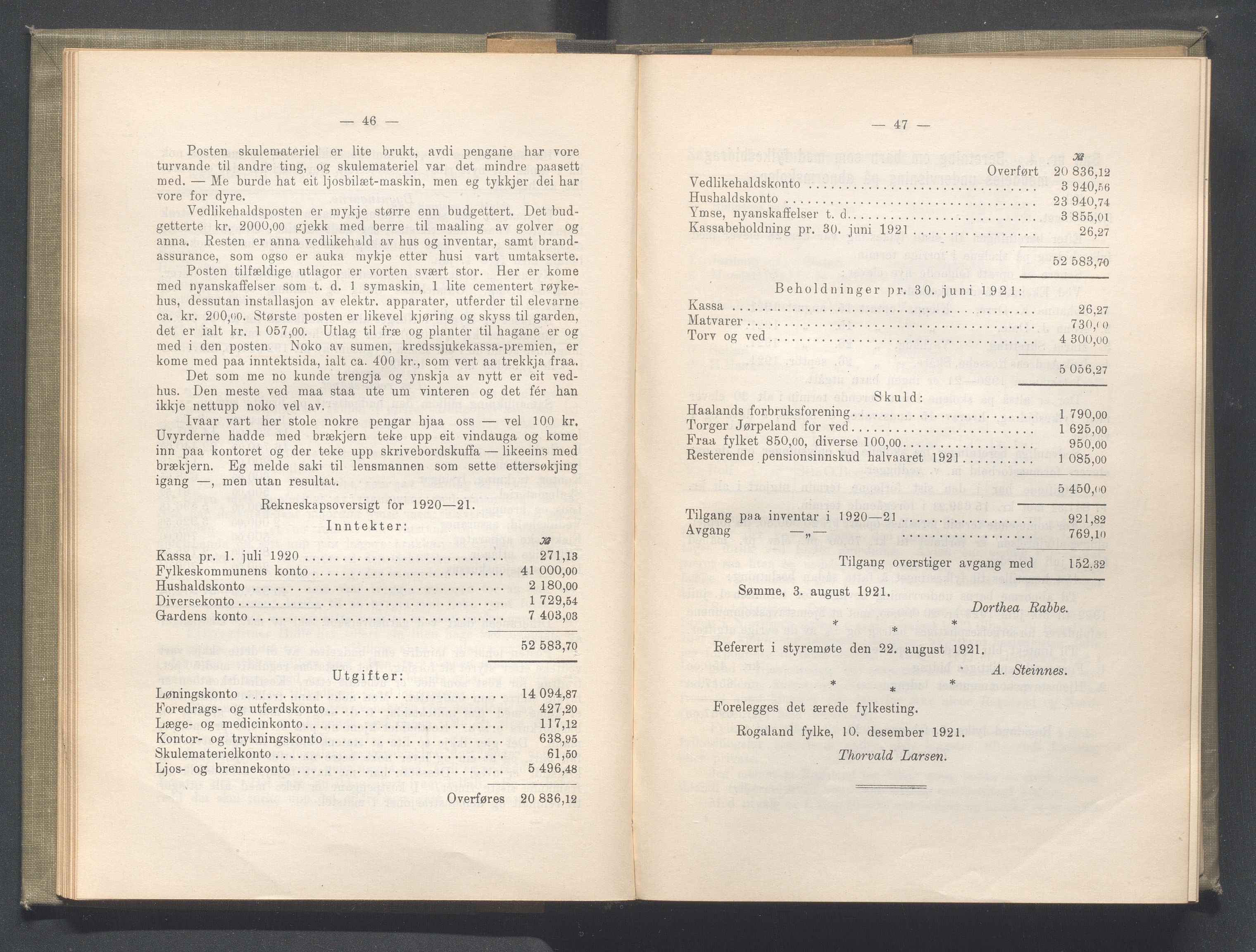 Rogaland fylkeskommune - Fylkesrådmannen , IKAR/A-900/A/Aa/Aaa/L0041: Møtebok , 1922, p. 46-47