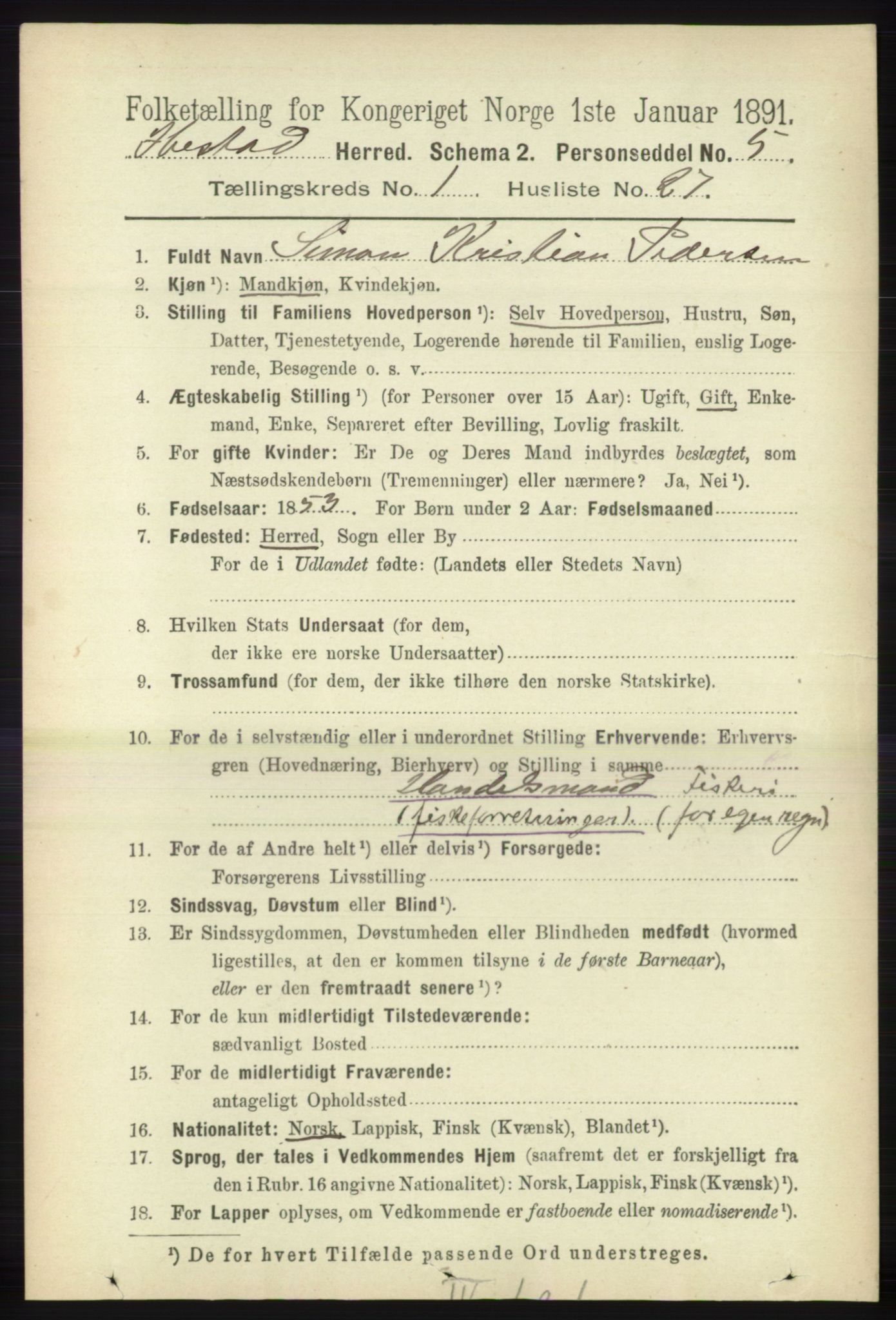 RA, 1891 census for 1917 Ibestad, 1891, p. 325