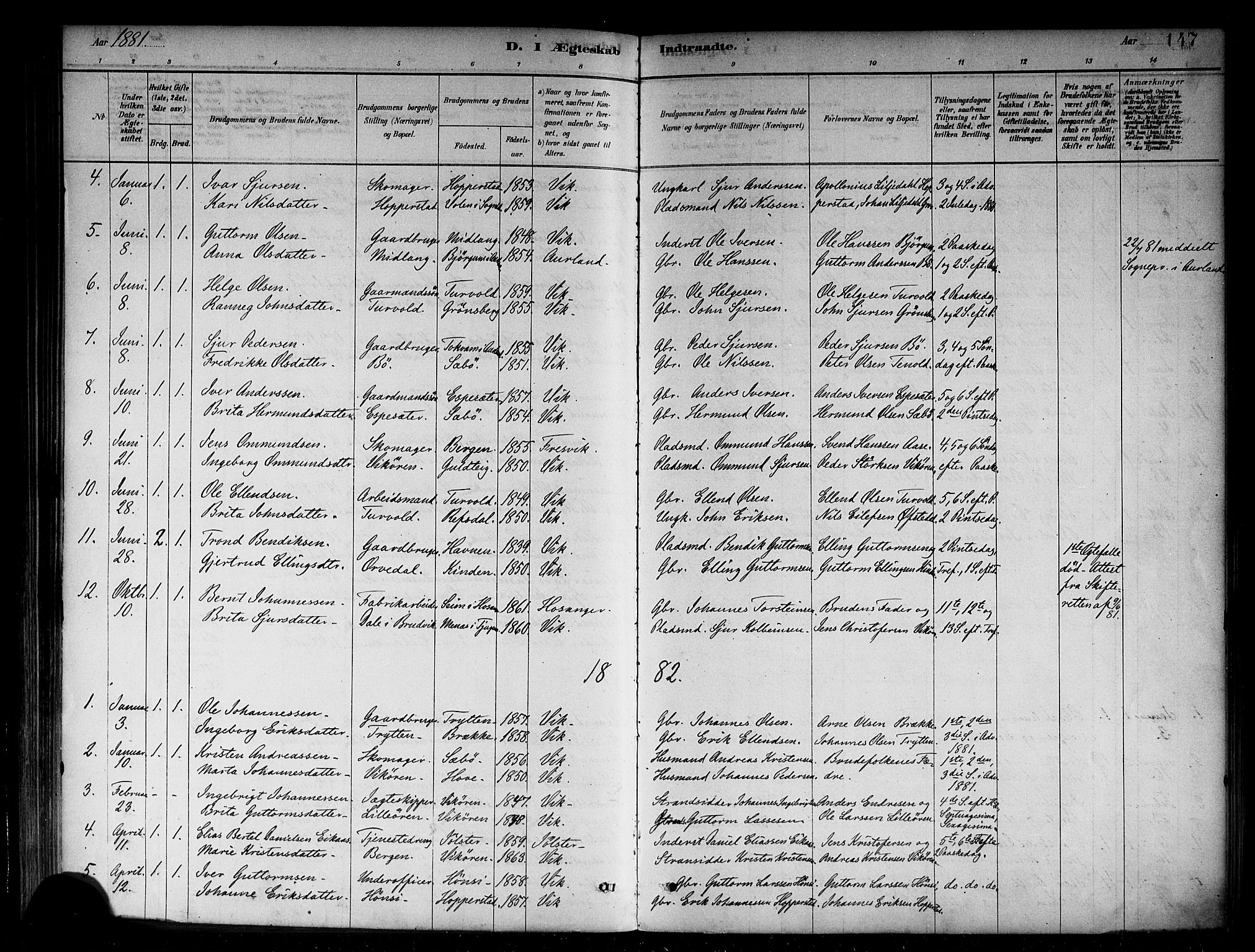 Vik sokneprestembete, AV/SAB-A-81501/H/Haa/Haab/L0001: Parish register (official) no. B 1, 1878-1890, p. 147