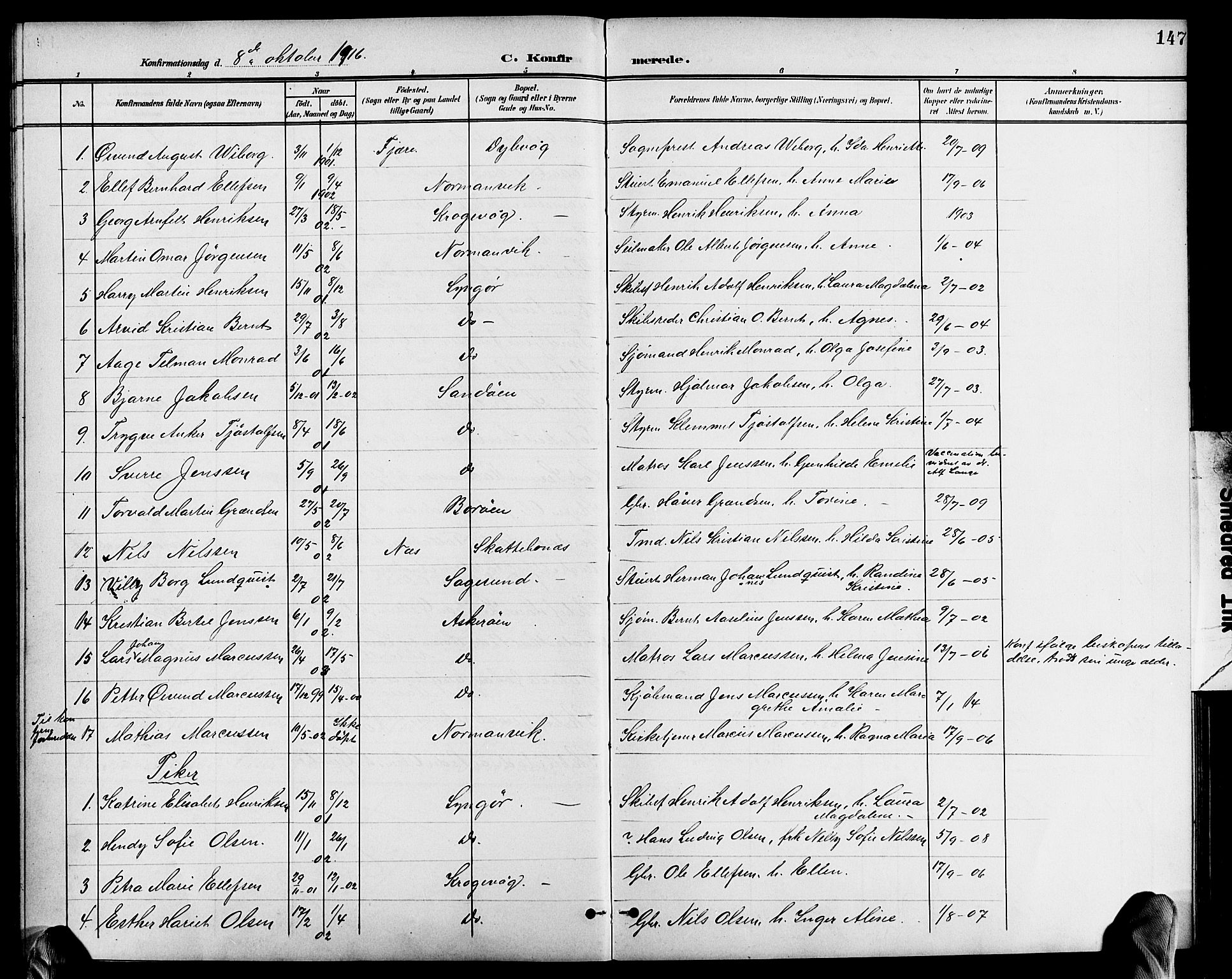 Dypvåg sokneprestkontor, AV/SAK-1111-0007/F/Fb/Fba/L0014: Parish register (copy) no. B 14, 1901-1922, p. 147