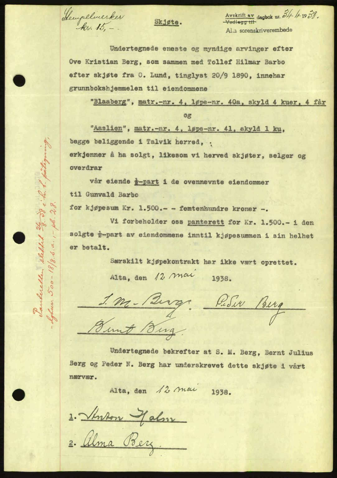 Alta fogderi/sorenskriveri, SATØ/SATØ-5/1/K/Kd/L0031pantebok: Mortgage book no. 31, 1938-1939, Diary no: : 344/1938