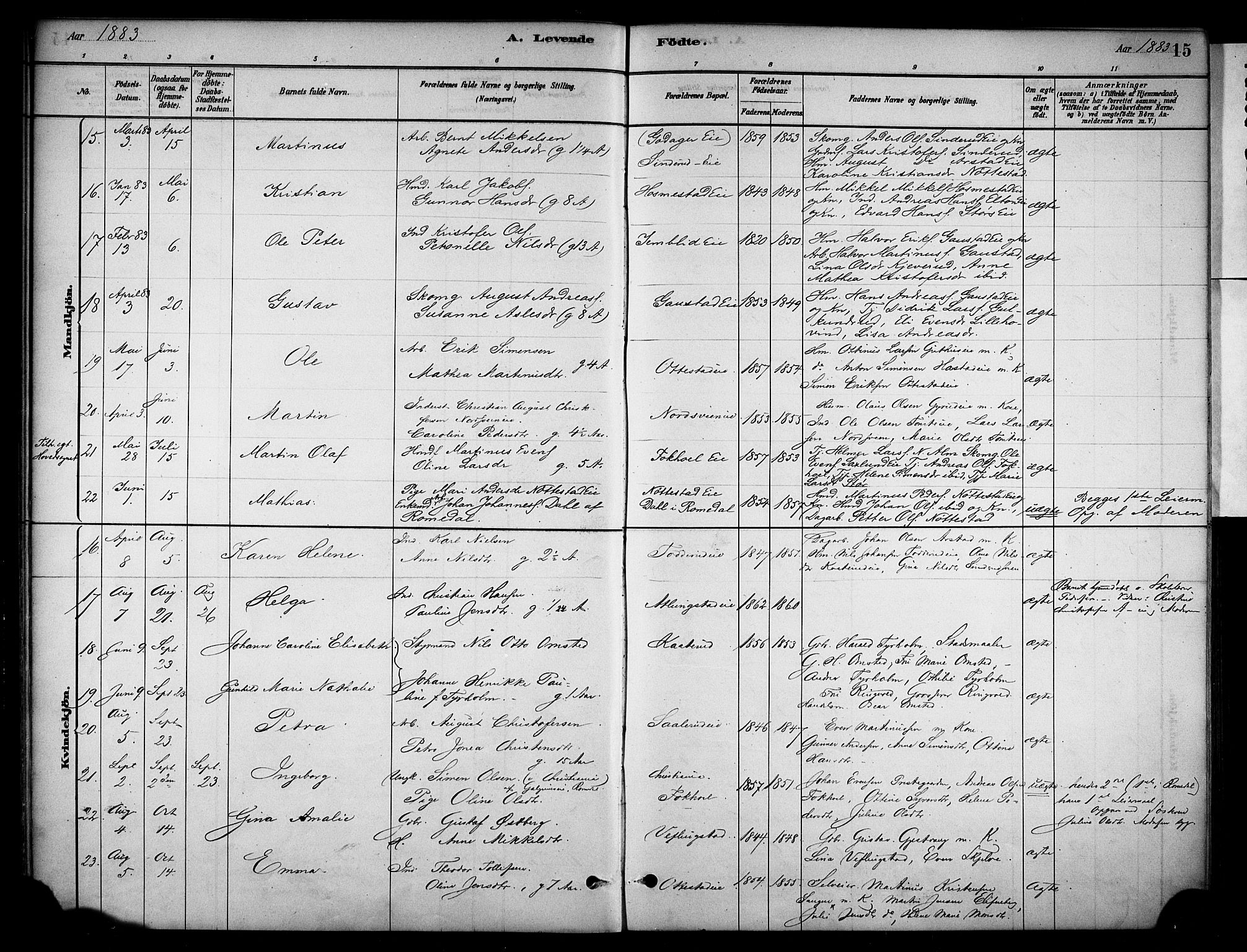 Stange prestekontor, AV/SAH-PREST-002/K/L0019: Parish register (official) no. 19, 1880-1891, p. 15