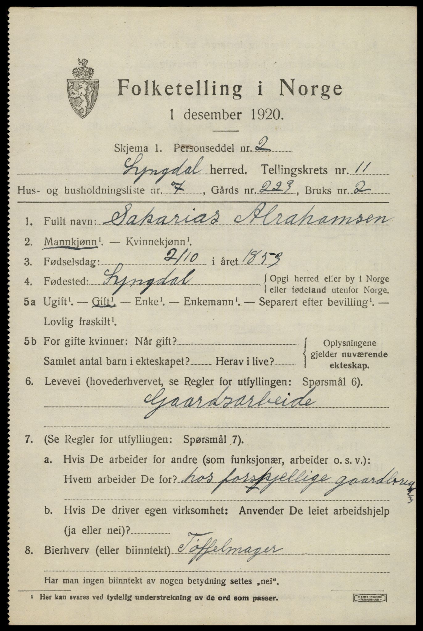 SAK, 1920 census for Lyngdal, 1920, p. 5347