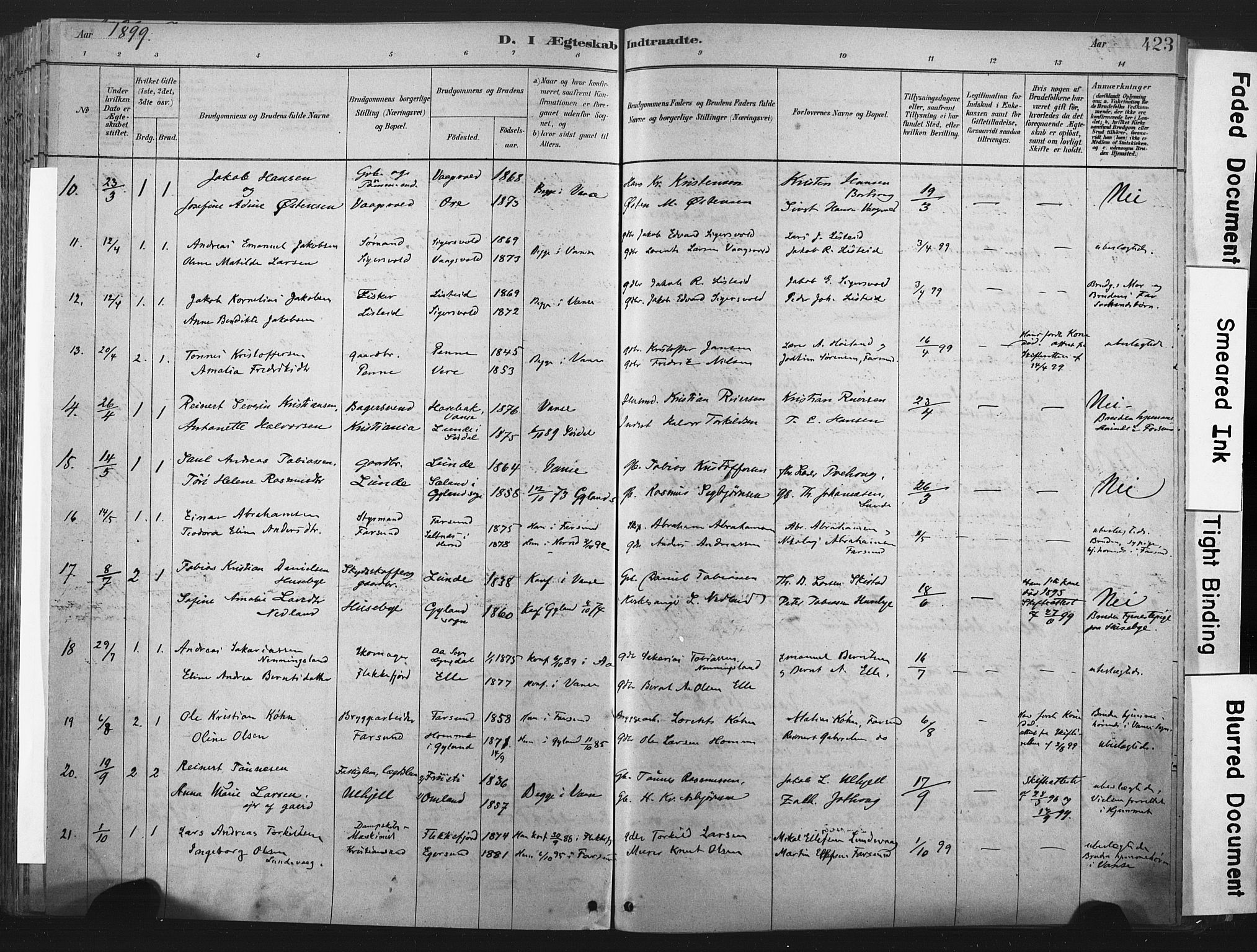 Lista sokneprestkontor, AV/SAK-1111-0027/F/Fa/L0012: Parish register (official) no. A 12, 1879-1903, p. 423