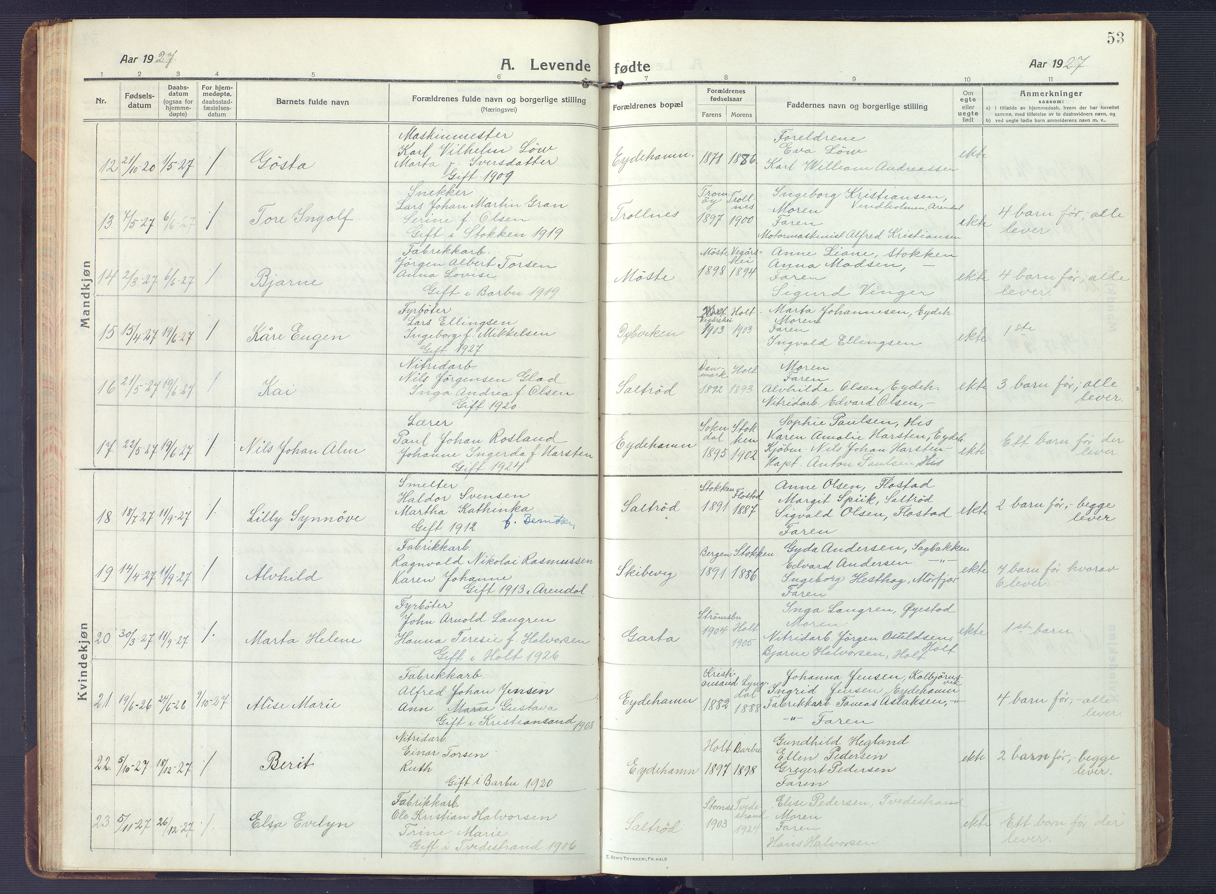 Austre Moland sokneprestkontor, AV/SAK-1111-0001/F/Fb/Fbb/L0004: Parish register (copy) no. B 4, 1914-1929, p. 53