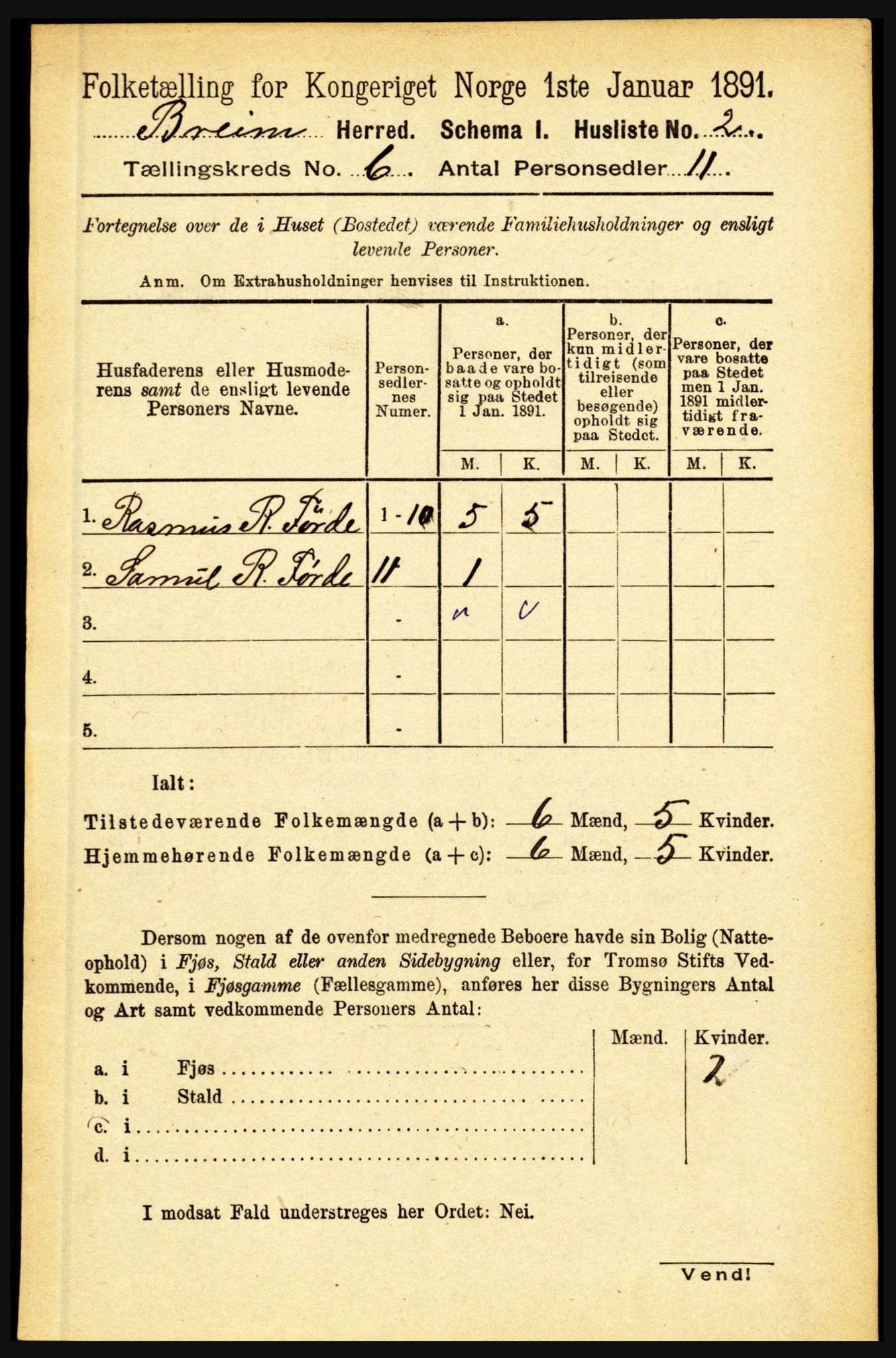 RA, 1891 census for 1446 Breim, 1891, p. 2052