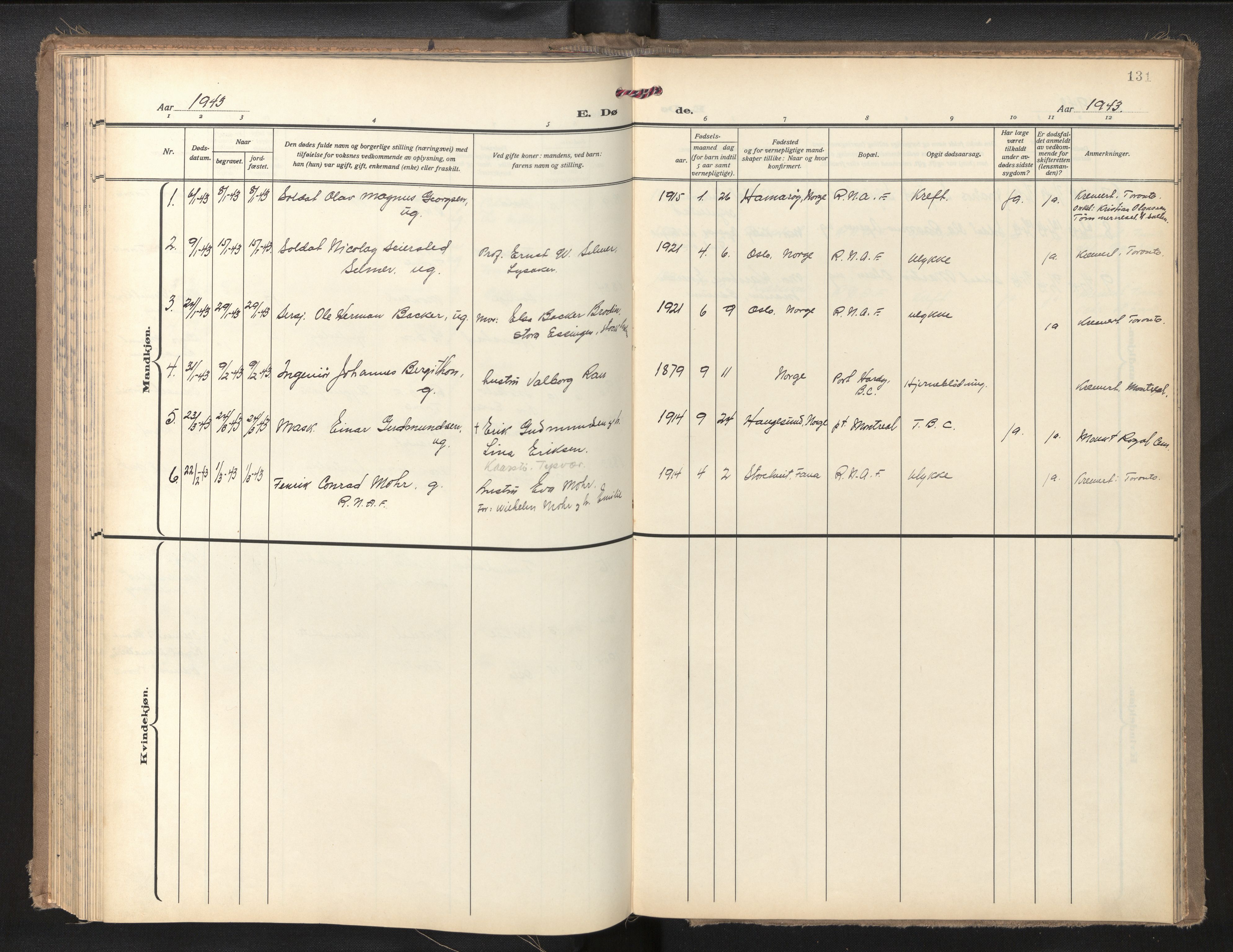Den norske sjømannsmisjon i utlandet/Montreal-Halifax, AV/SAB-SAB/PA-0116/H/Ha/L0001: Parish register (official) no. A 1, 1929-1960, p. 130b-131a