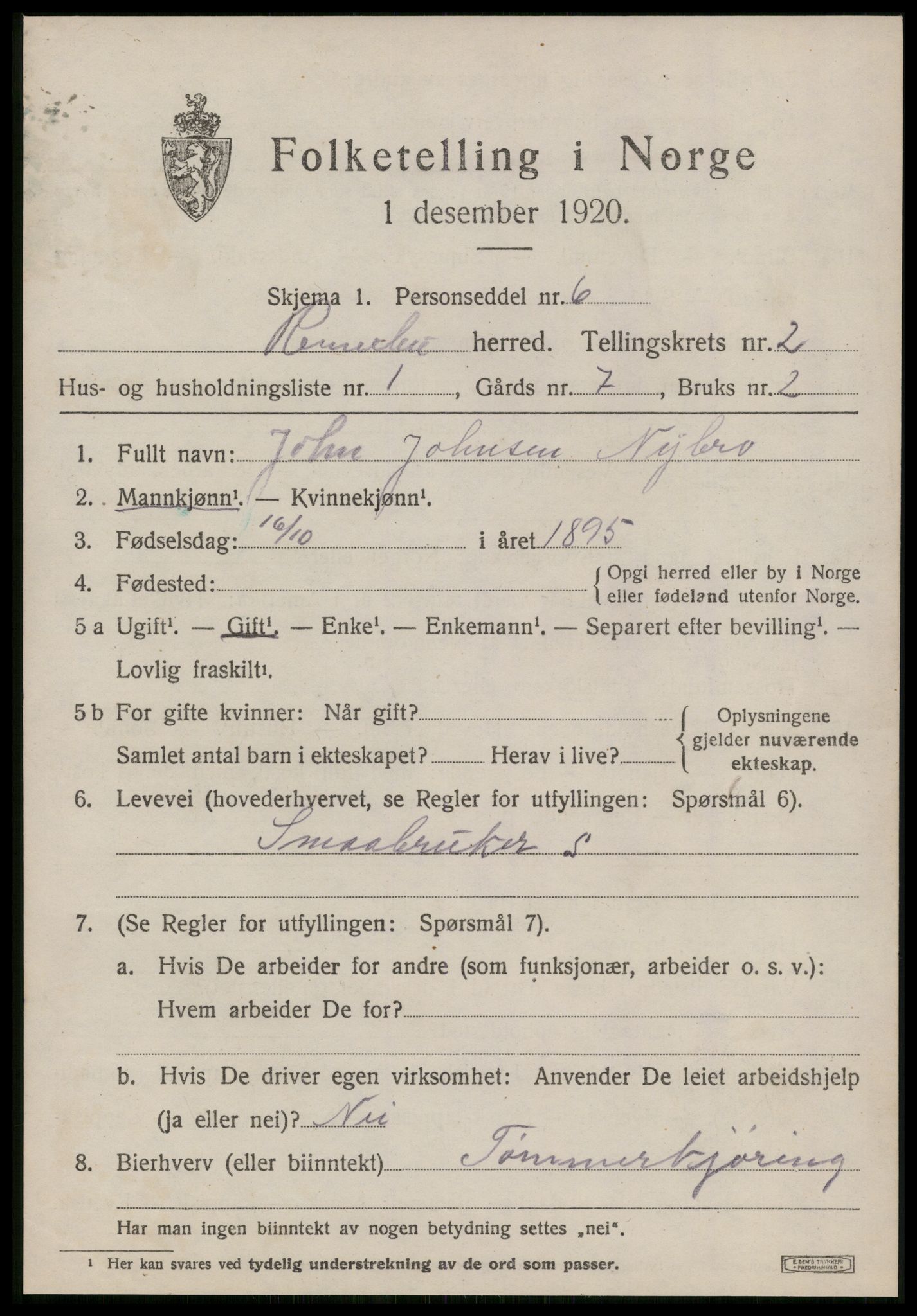 SAT, 1920 census for Rennebu, 1920, p. 1270