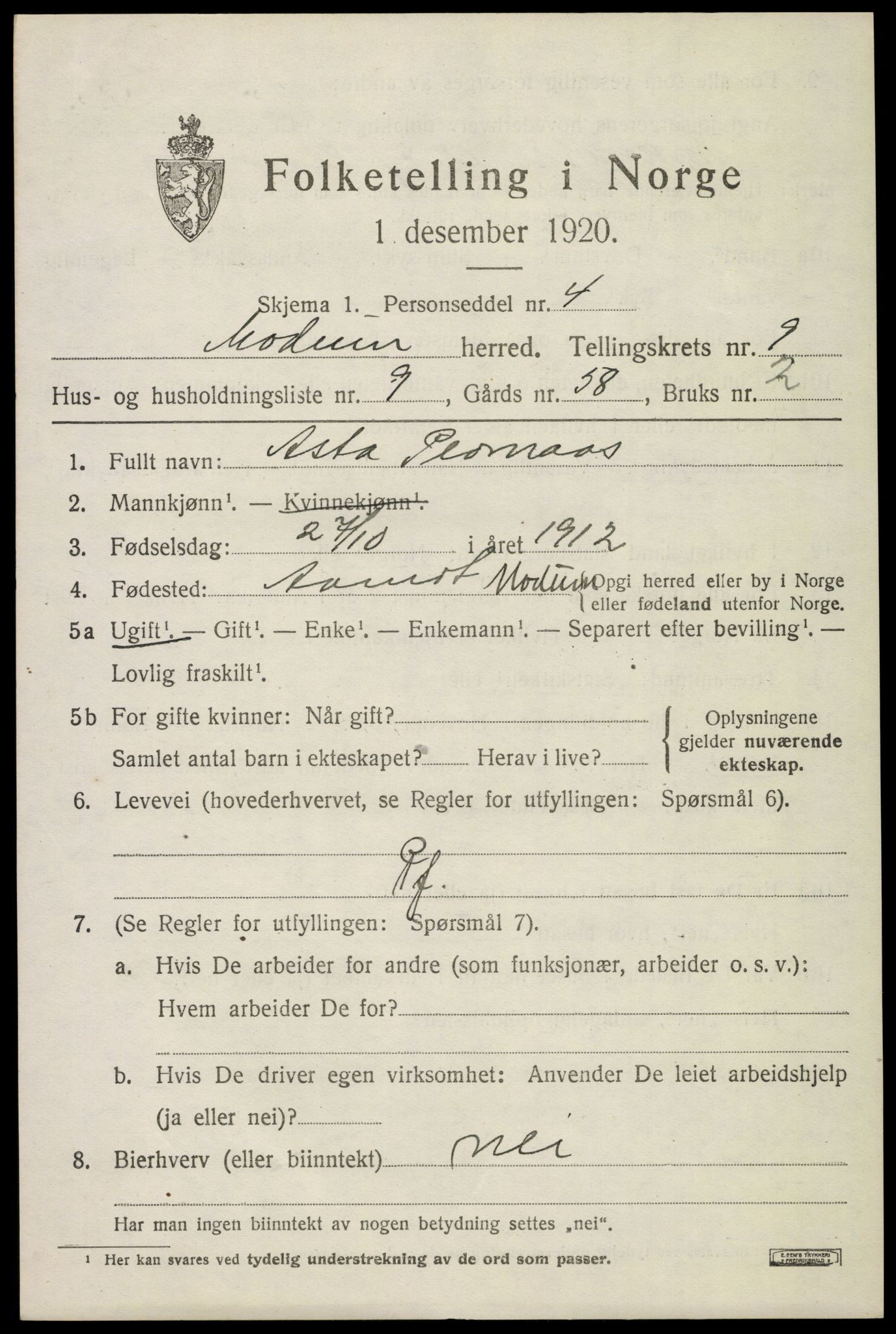 SAKO, 1920 census for Modum, 1920, p. 11875