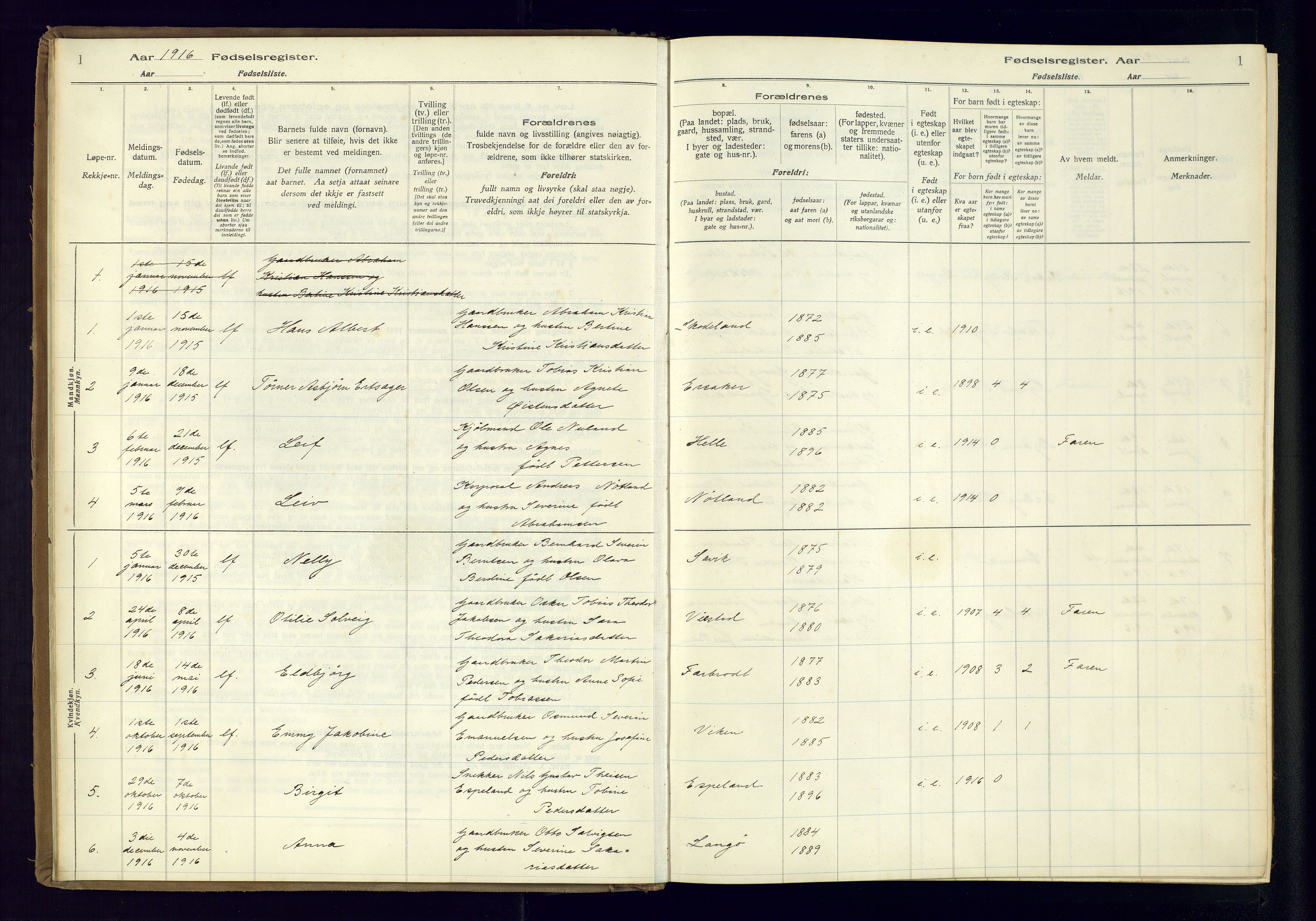Farsund sokneprestkontor, SAK/1111-0009/J/Ja/L0004: Birth register no. A-VI-11, 1916-1982, p. 1