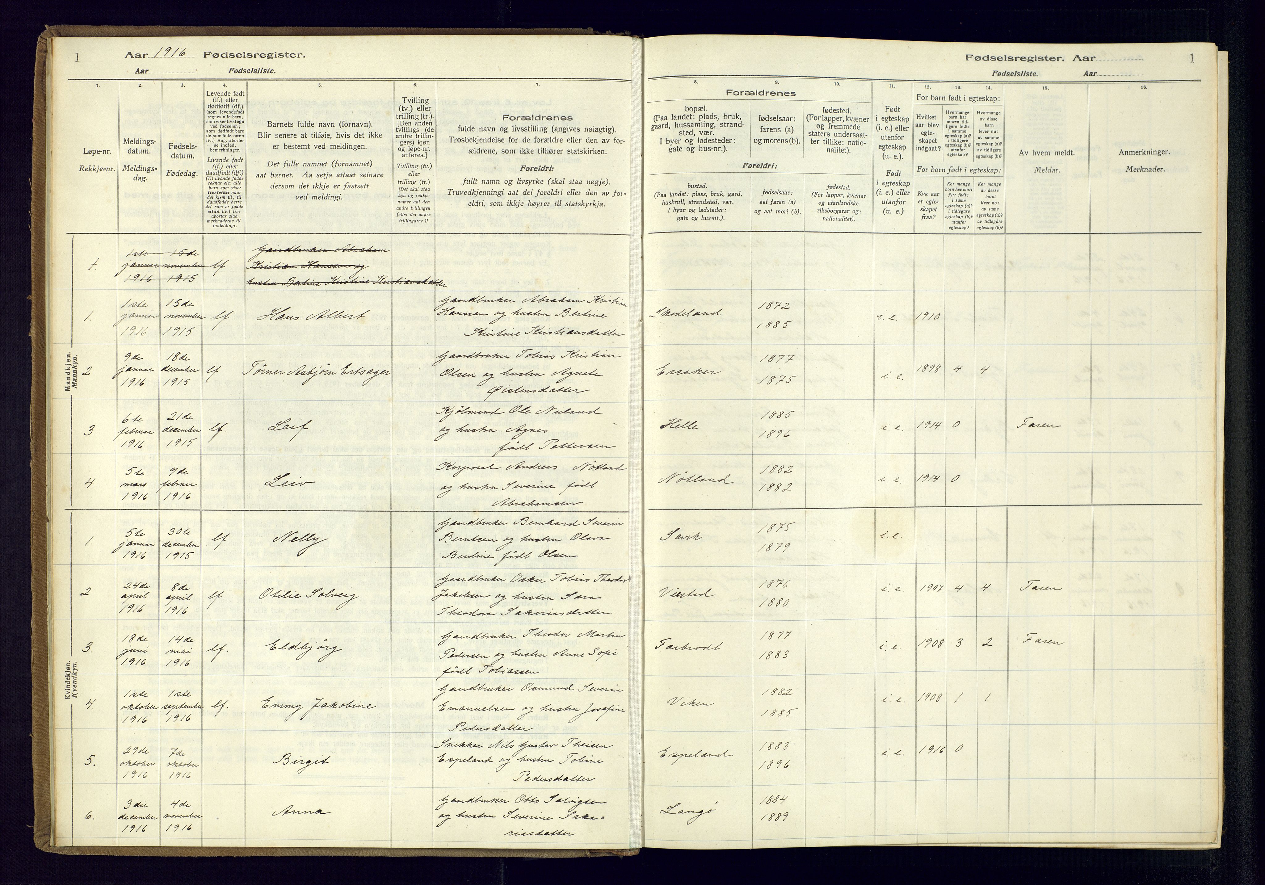 Farsund sokneprestkontor, AV/SAK-1111-0009/J/Ja/L0004: Birth register no. A-VI-11, 1916-1982, p. 1