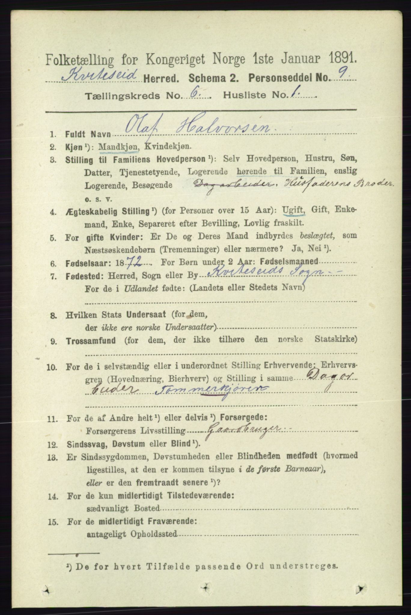 RA, 1891 census for 0829 Kviteseid, 1891, p. 1176