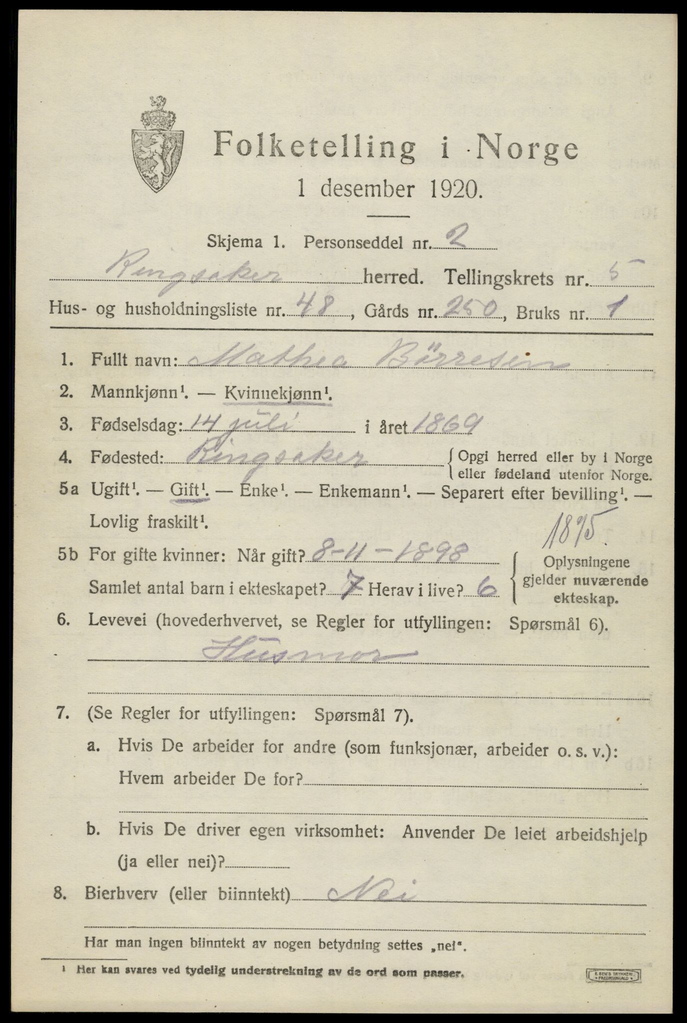 SAH, 1920 census for Ringsaker, 1920, p. 10332