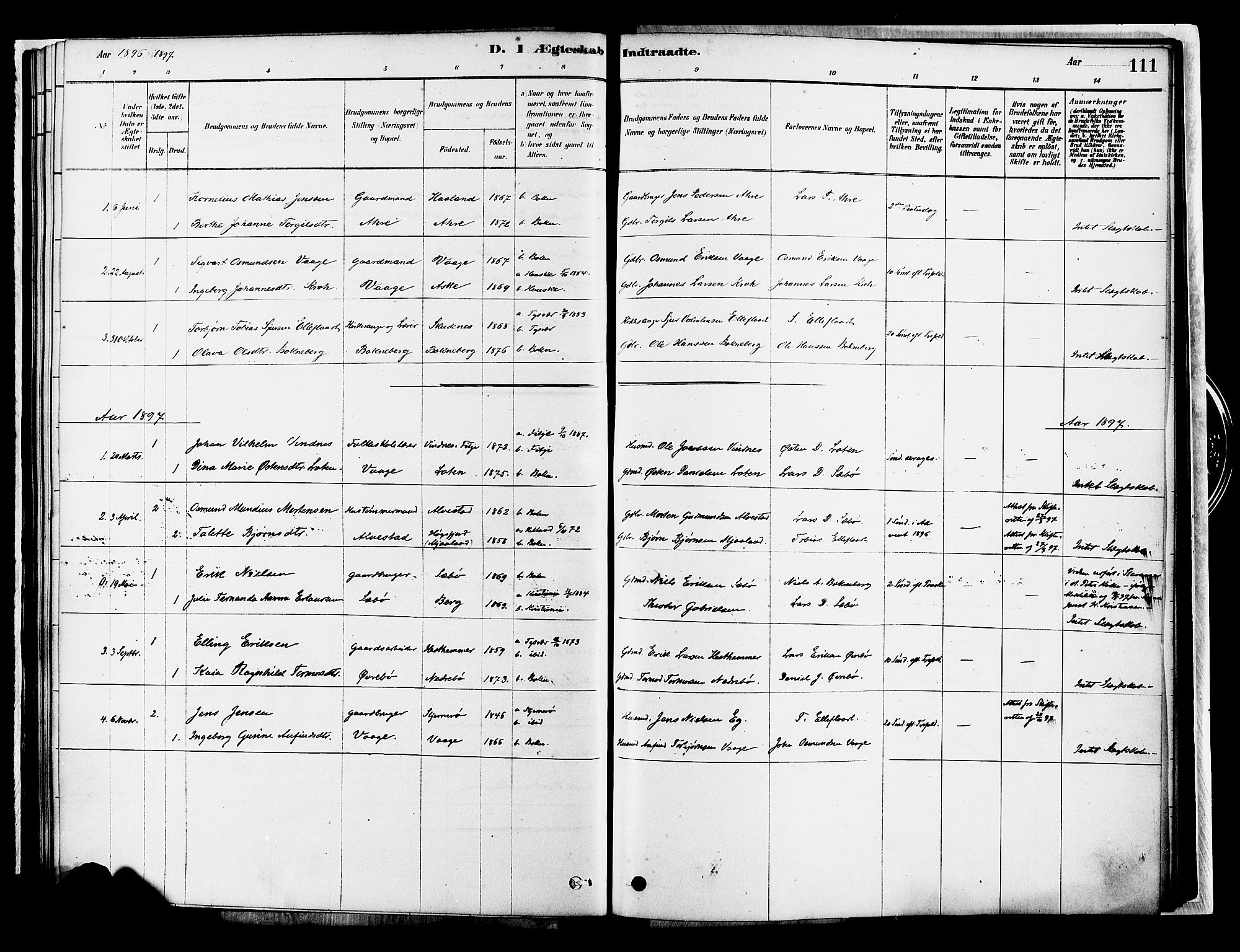 Tysvær sokneprestkontor, SAST/A -101864/H/Ha/Haa/L0007: Parish register (official) no. A 7, 1878-1897, p. 111