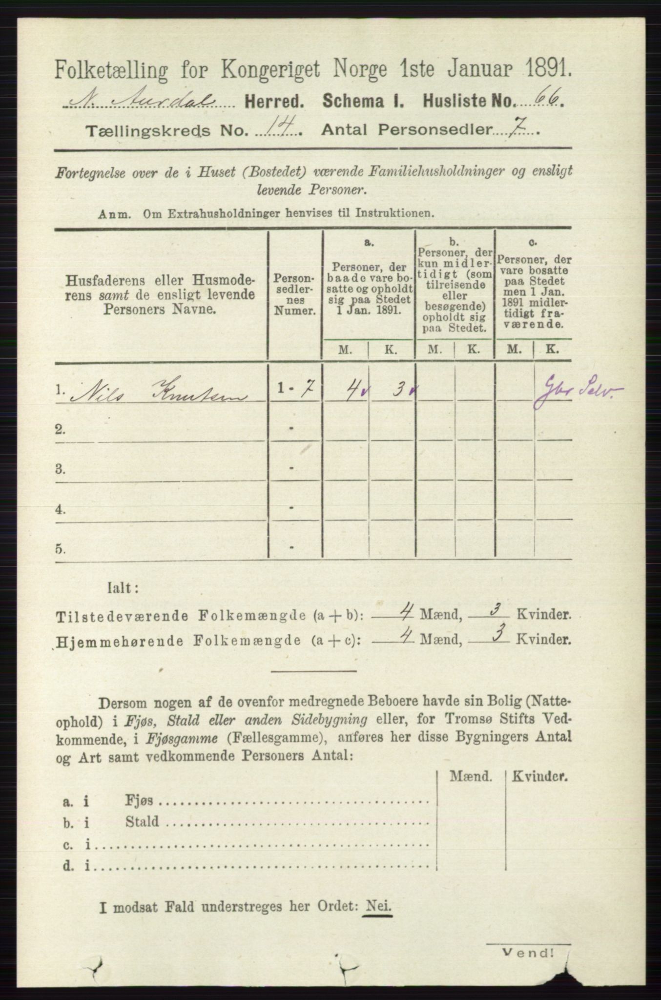 RA, 1891 census for 0542 Nord-Aurdal, 1891, p. 5202