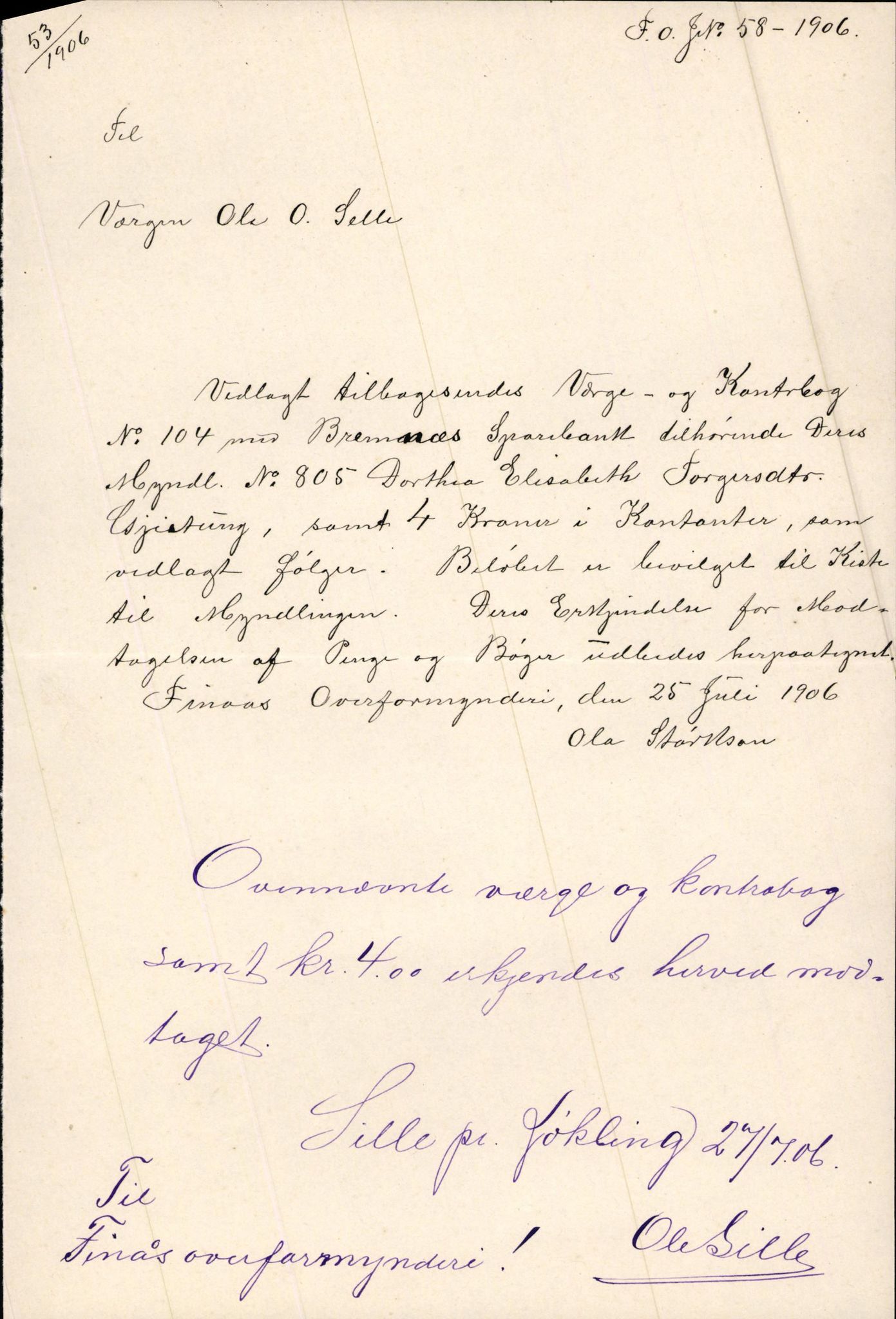 Finnaas kommune. Overformynderiet, IKAH/1218a-812/D/Da/Daa/L0002/0003: Kronologisk ordna korrespondanse / Kronologisk ordna korrespondanse, 1905-1909, p. 68