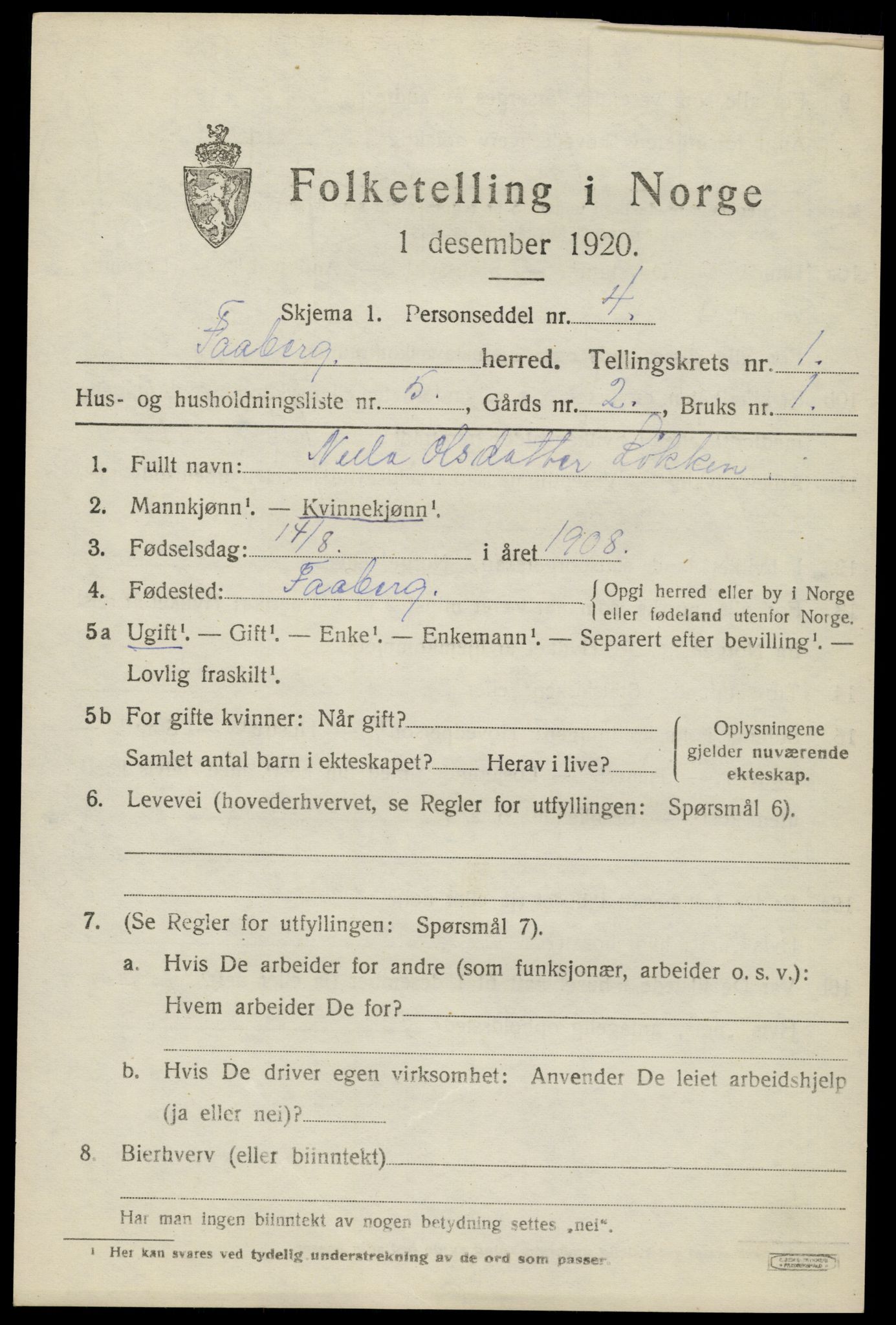 SAH, 1920 census for Fåberg, 1920, p. 2290