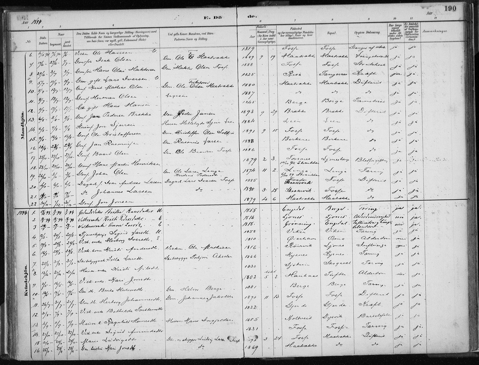 Strandebarm sokneprestembete, AV/SAB-A-78401/H/Haa: Parish register (official) no. B  1, 1886-1908, p. 190