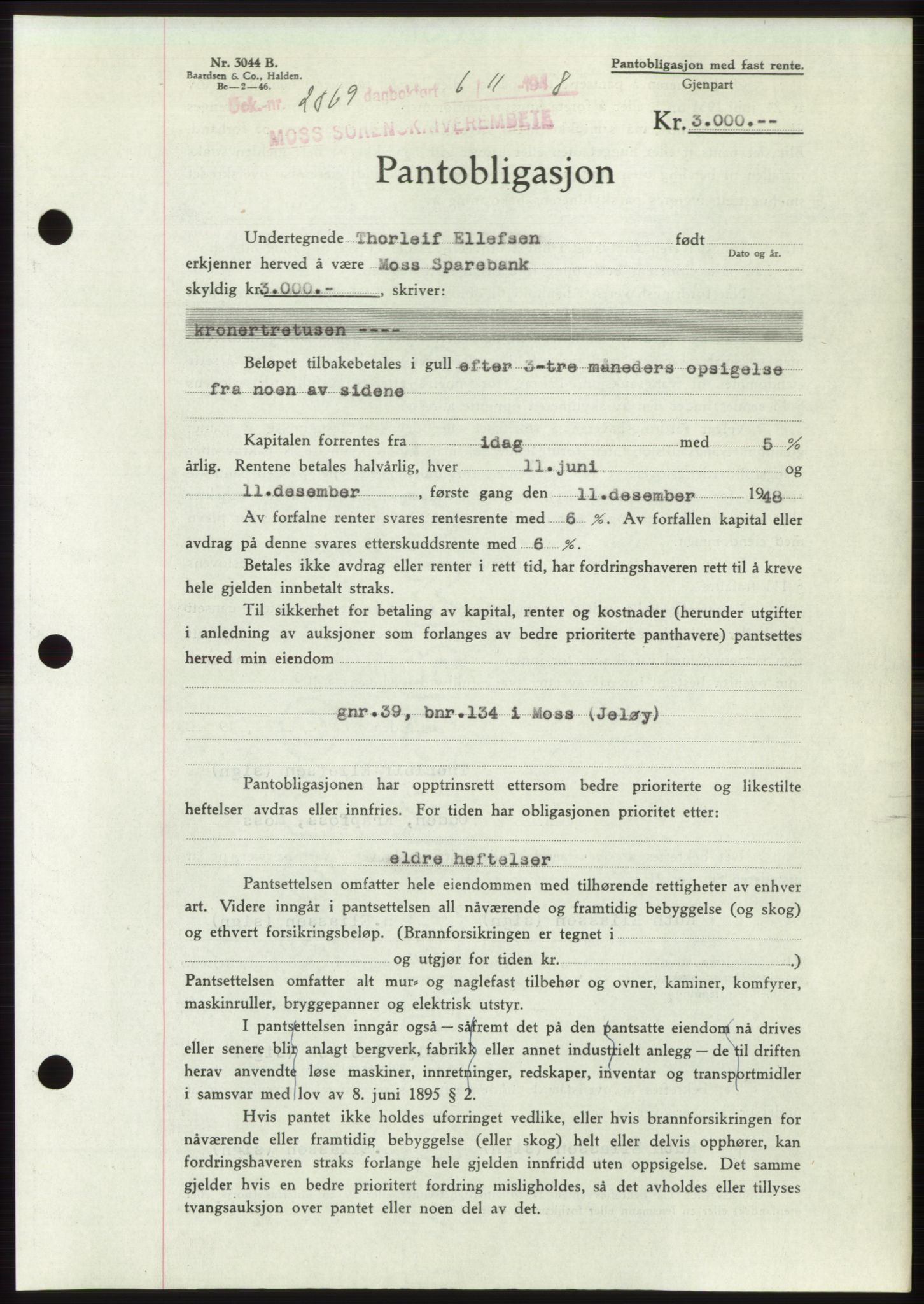 Moss sorenskriveri, AV/SAO-A-10168: Mortgage book no. B20, 1948-1948, Diary no: : 2869/1948