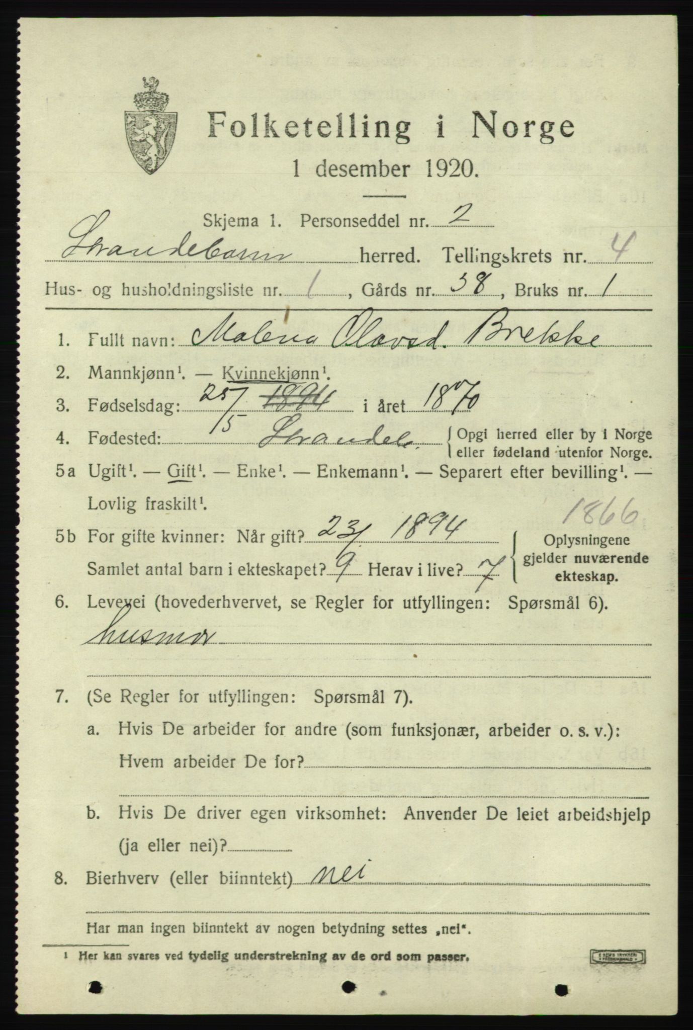 SAB, 1920 census for Strandebarm, 1920, p. 3464