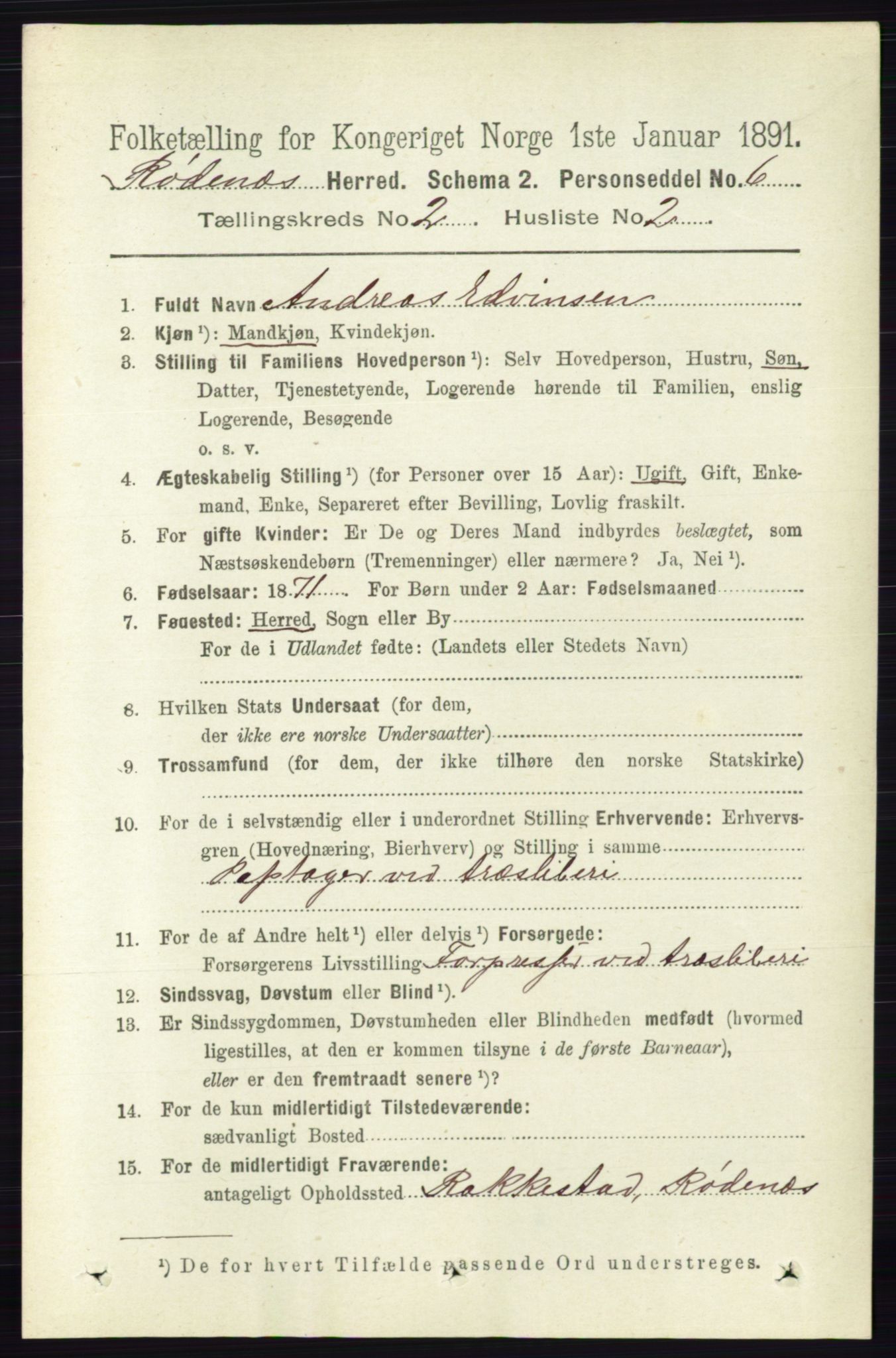 RA, 1891 census for 0120 Rødenes, 1891, p. 738